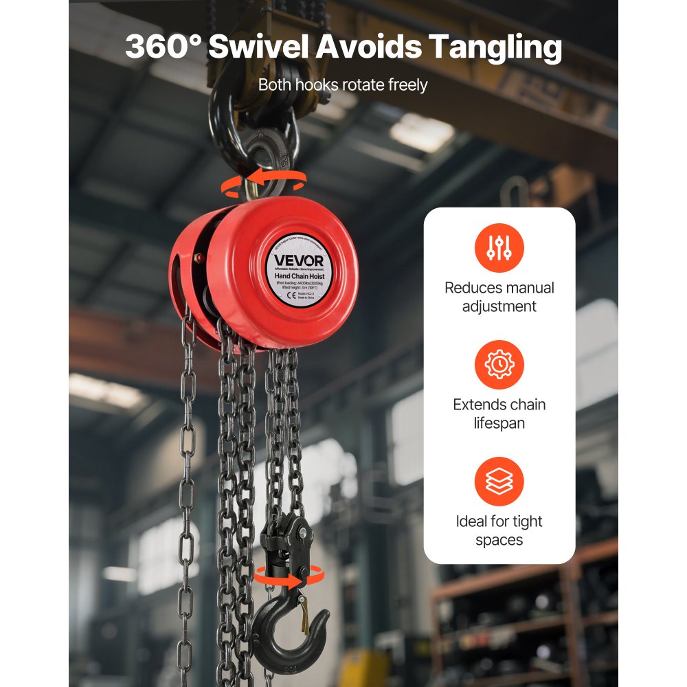 VEVOR Hand Chain Hoist, 2 Ton Capacity, Manual Chain Block with Upgrade G70 Galvanized Chain, 3 m Lifting Height, Heavy Duty Pulley Hoist for Garage Warehouse Automotive Machinery, Red