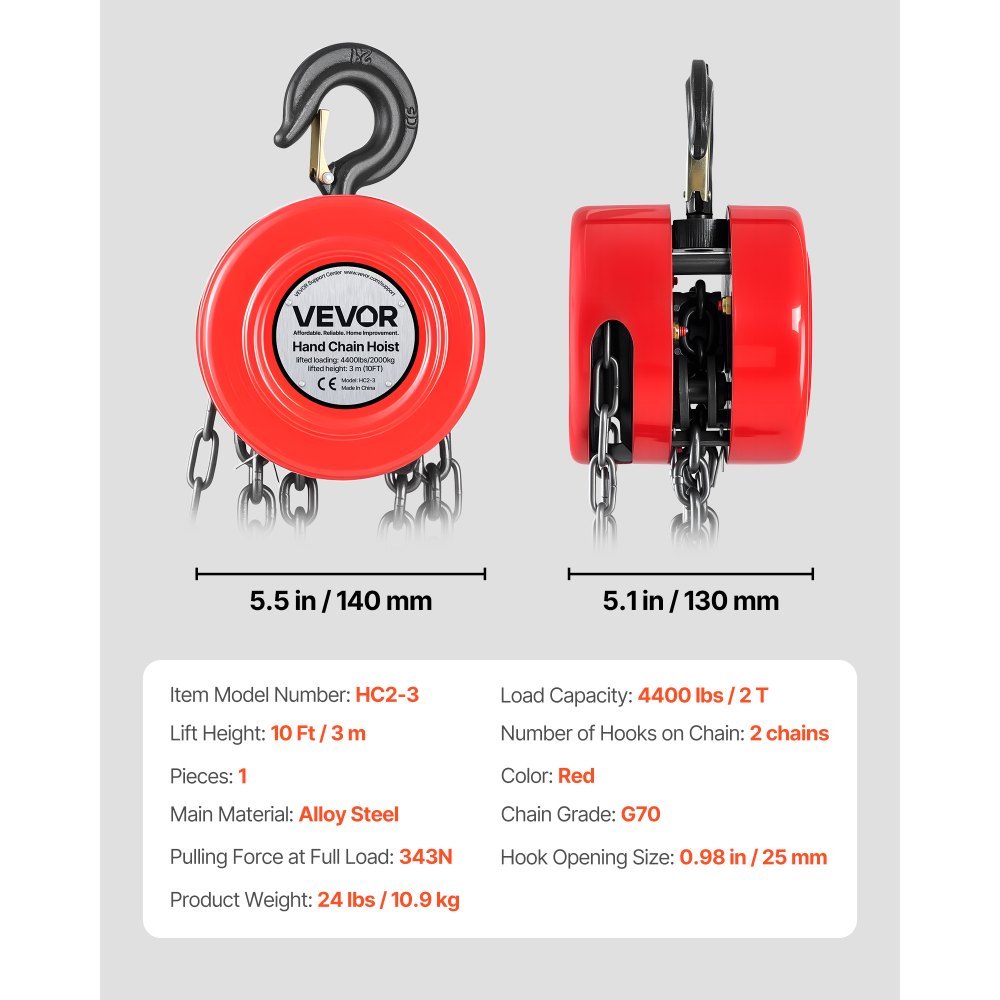 VEVOR Hand Chain Hoist, 2 Ton Capacity, Manual Chain Block with Upgrade G70 Galvanized Chain, 3 m Lifting Height, Heavy Duty Pulley Hoist for Garage Warehouse Automotive Machinery, Red