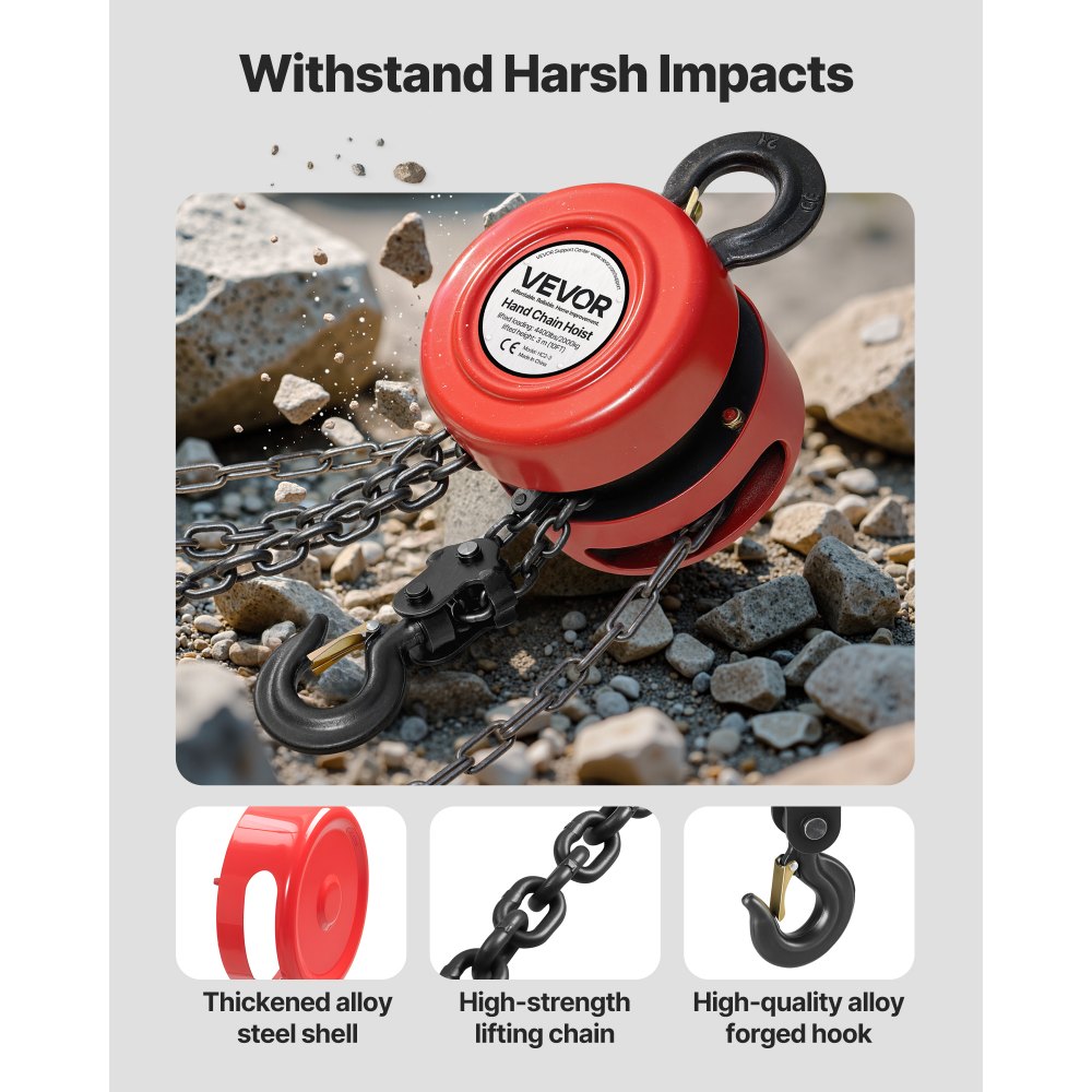 VEVOR 2T handkettingtakel, 3 m hefhoogte, zware kettingtakel met G70-ketting, handtakel, kettingtakel voor garages, magazijnen, automachines, rood