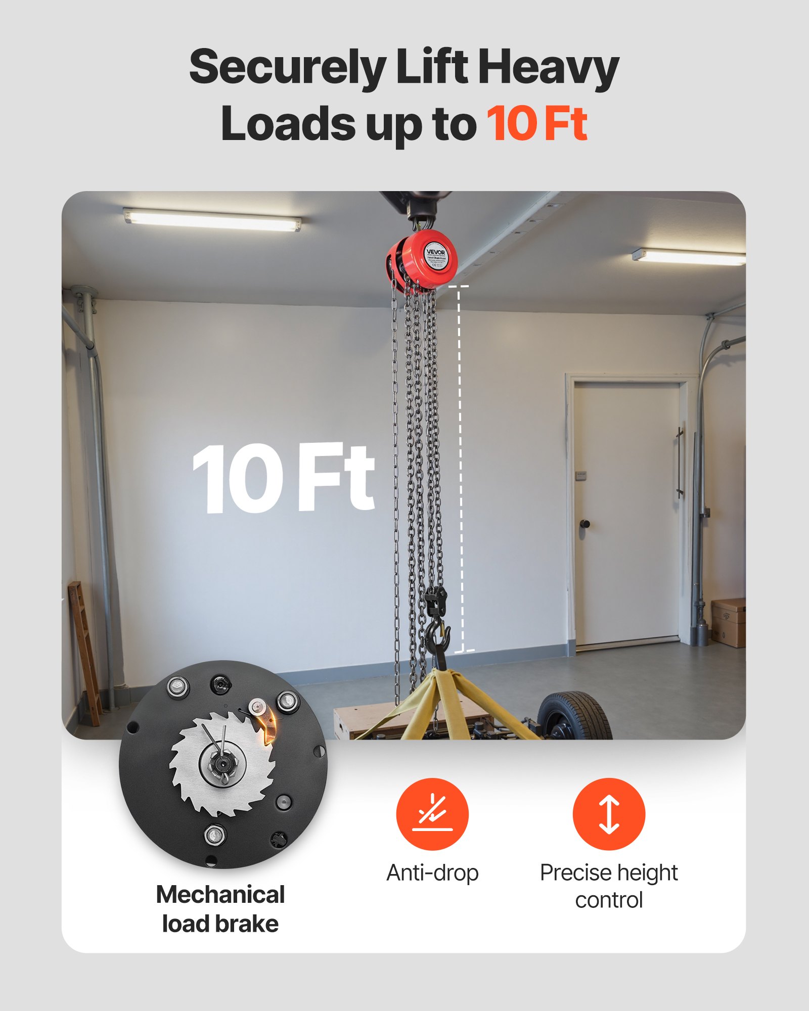 VEVOR Hand Chain Hoist, 2 Ton Capacity, Manual Chain Block with Upgrade G70 Galvanized Chain, 3 m Lifting Height, Heavy Duty Pulley Hoist for Garage Warehouse Automotive Machinery, Red