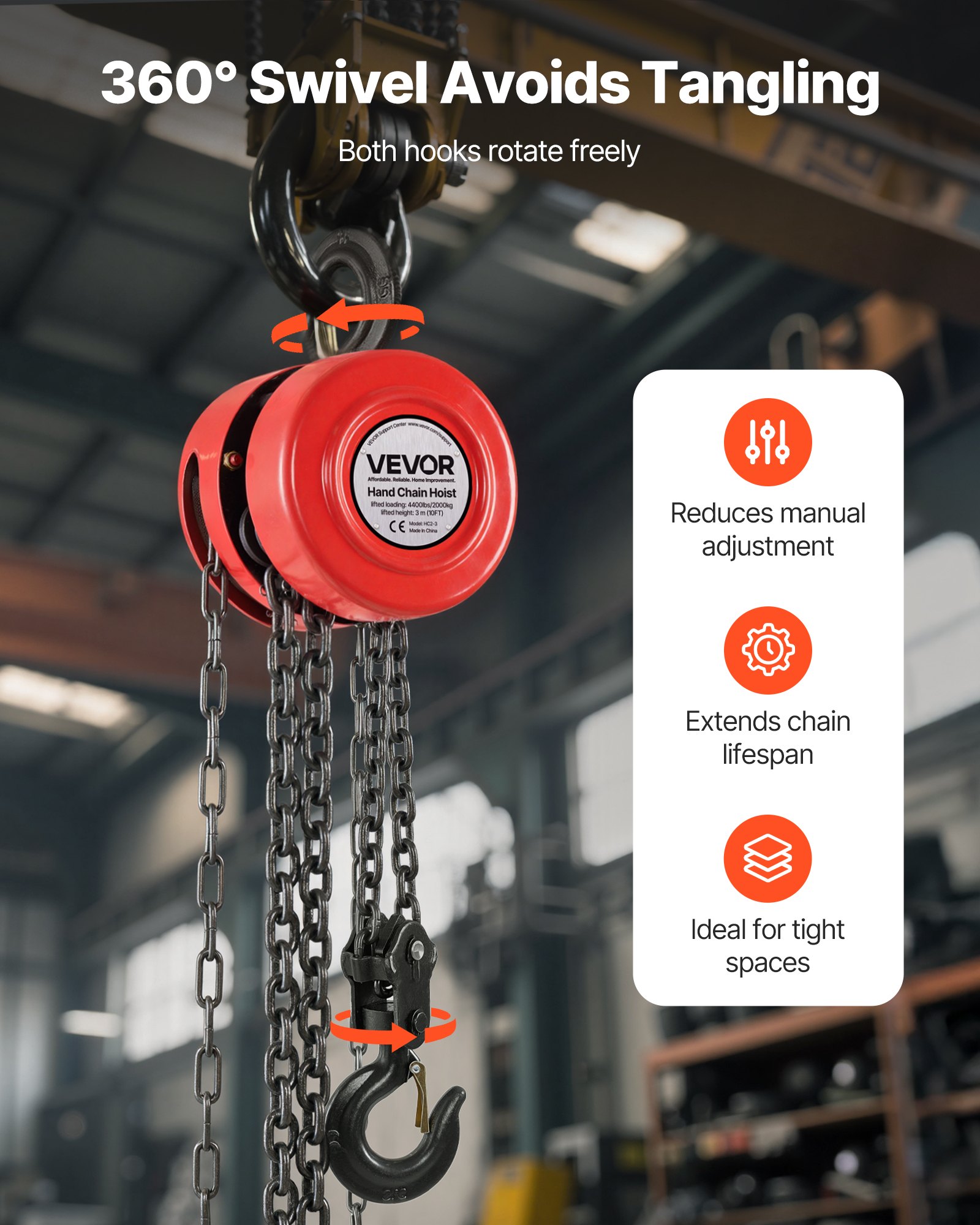 VEVOR Hand Chain Hoist, 2 Ton Capacity, Manual Chain Block with Upgrade G70 Galvanized Chain, 3 m Lifting Height, Heavy Duty Pulley Hoist for Garage Warehouse Automotive Machinery, Red