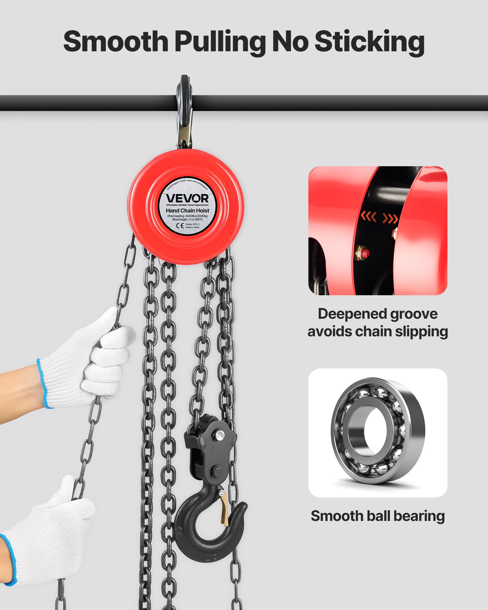 VEVOR 2T handkettingtakel, 3 m hefhoogte, zware kettingtakel met G70-ketting, handtakel, kettingtakel voor garages, magazijnen, automachines, rood