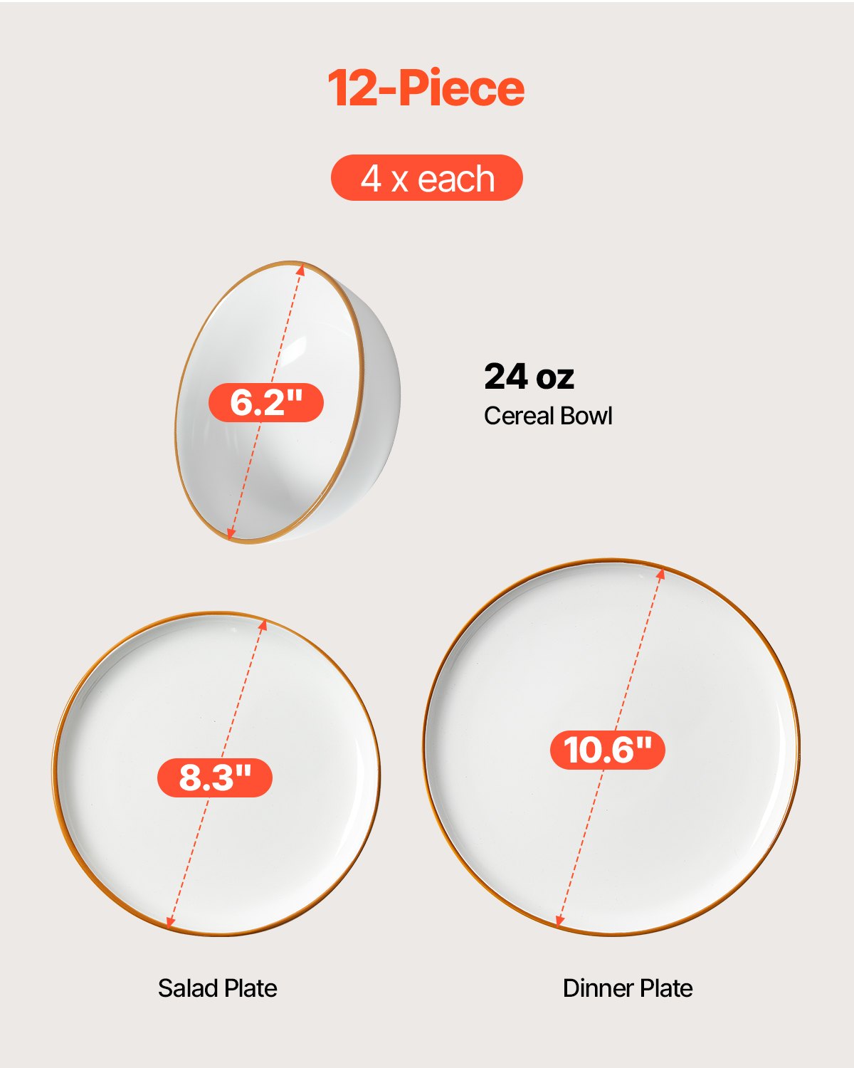VEVOR Serviesset voor 4 personen (12-delig) Ronde borden en kommen, keramisch servies, vaatwasser- en magnetronbestendig keukengerei, voor dessert, salade, soep, pasta, wit