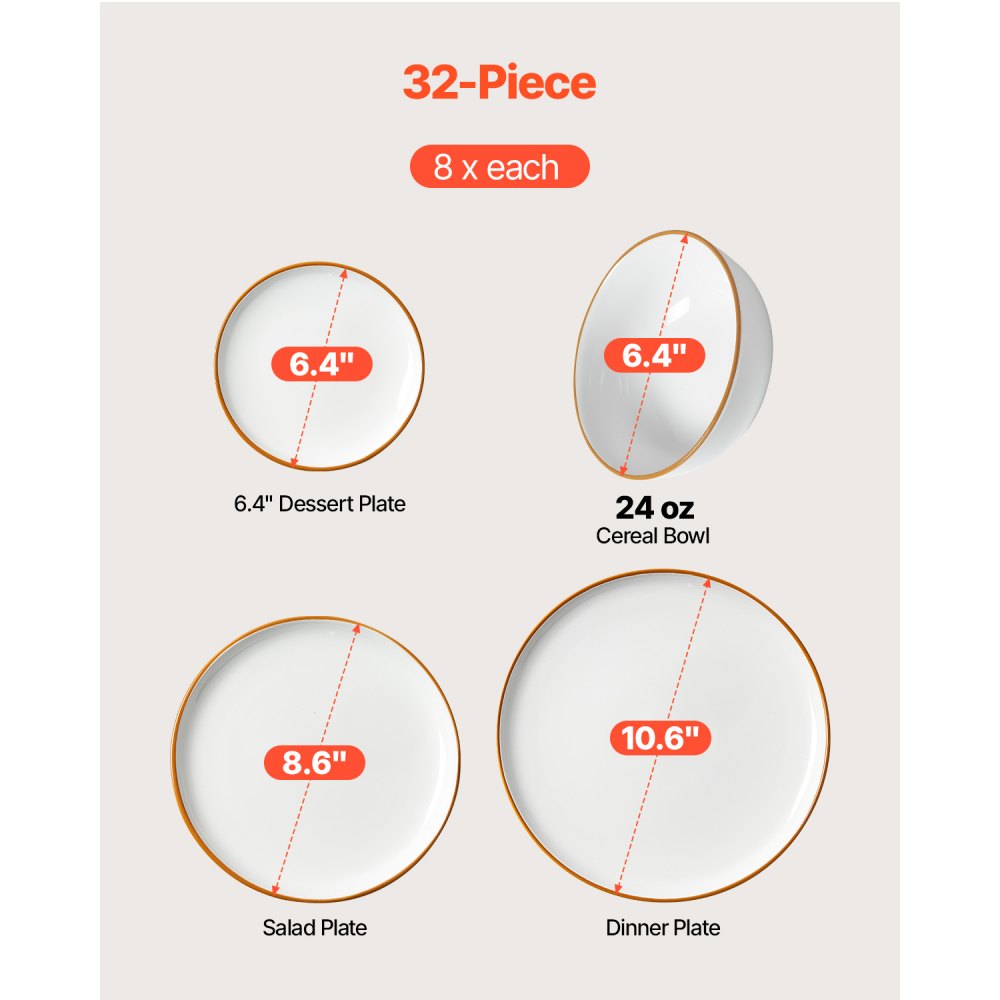 VEVOR Serviesset voor 8 personen (32-delig) Ronde borden en kommen, Keramisch servies, Vaatwasser- en magnetronbestendig, voor dessert, salade, soep, pasta, wit