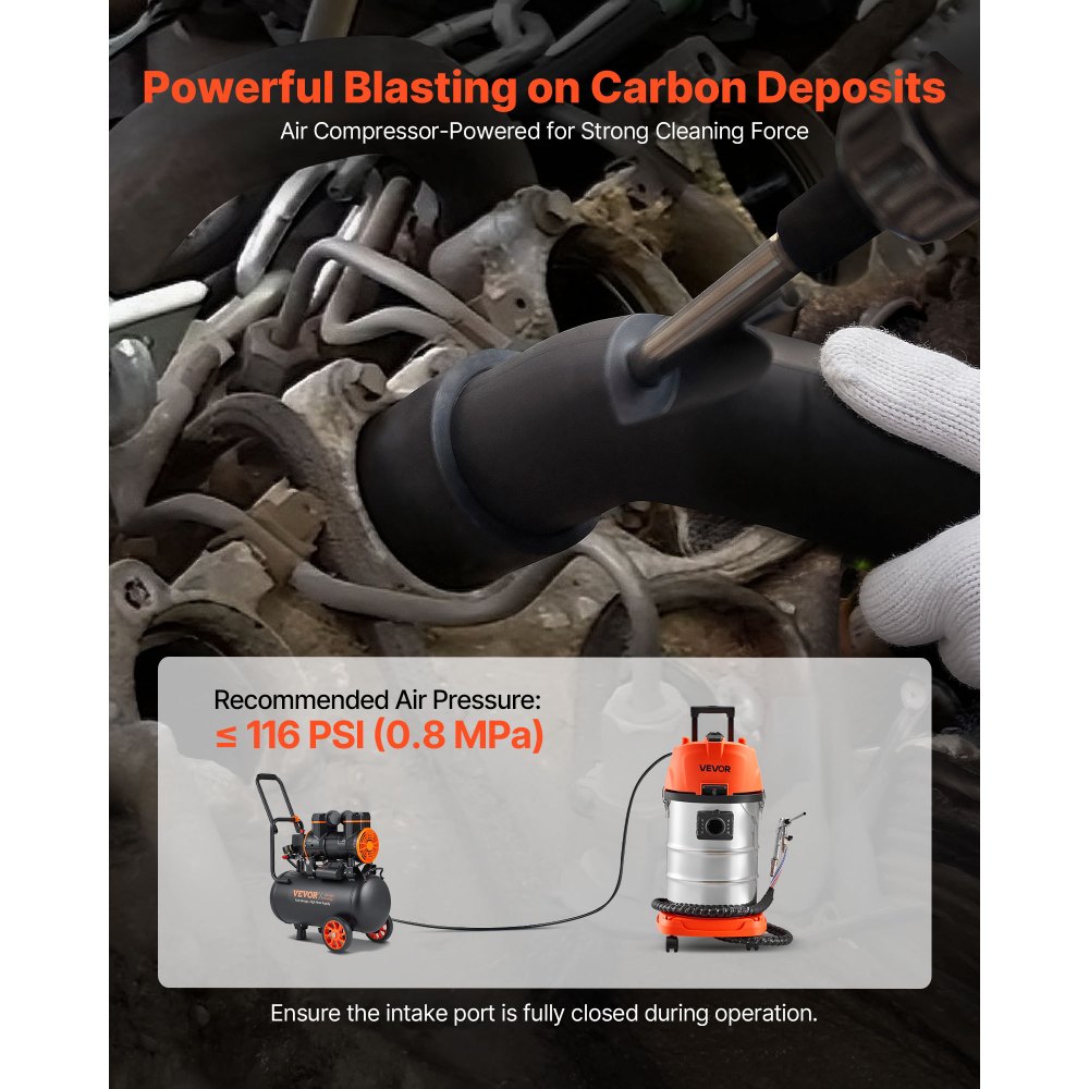 VEVOR Walnootstraalunit 30 L, Zandstraalmachine 1600 W, Zandstraalsysteem voor het ontkolen van inlaatspruitstukken en kleppen, Zandstraalmachine incl. 2,5 kg walnootschalen en 23 adapters