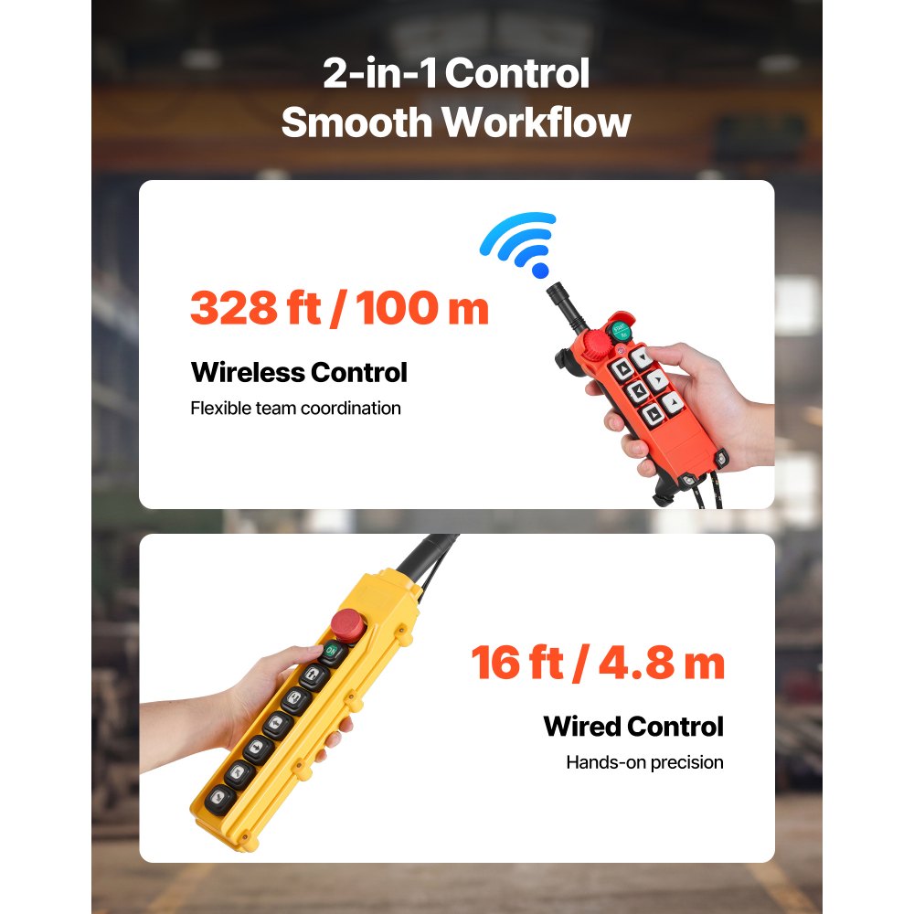 VEVOR elektrische kettingtakel 2000 kg, 6,1 m hefhoogte, driefase, met 100 m draadloze en 4,8 m bekabelde afstandsbediening, G100 dubbele ketting, noodstop, elektrische kettingtakel voor fabrieken, magazijnen en garages.