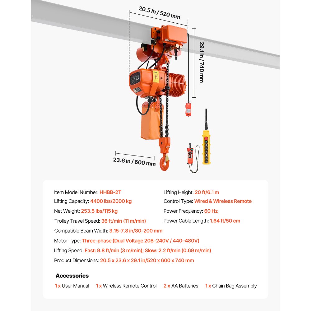 VEVOR elektrische kettingtakel 2000 kg, 6,1 m hefhoogte, driefase, met 100 m draadloze en 4,8 m bekabelde afstandsbediening, G100 dubbele ketting, noodstop, elektrische kettingtakel voor fabrieken, magazijnen en garages.