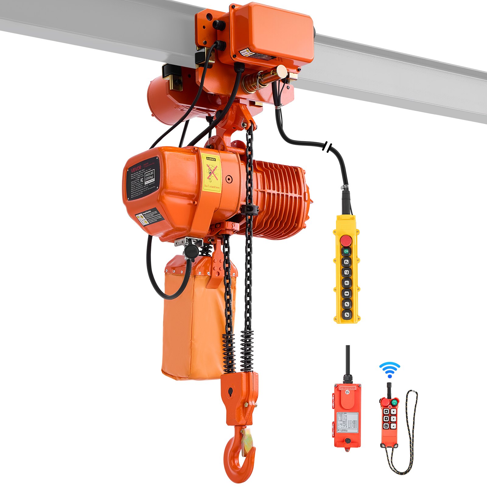 VEVOR elektrische kettingtakel 2000 kg, 6,1 m hefhoogte, driefase, met 100 m draadloze en 4,8 m bekabelde afstandsbediening, G100 dubbele ketting, noodstop, elektrische kettingtakel voor fabrieken, magazijnen en garages.