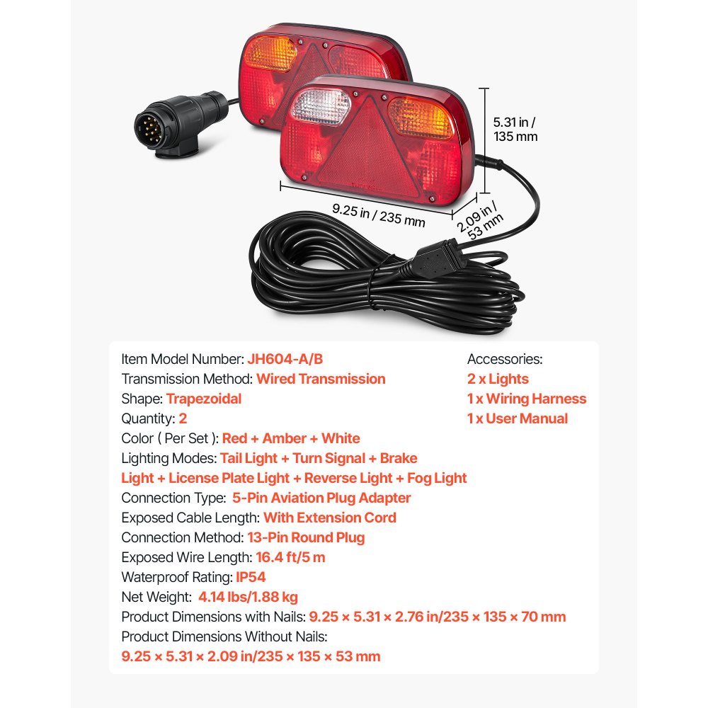 VEVOR Trailerverlichting 2 stuks met 6 standen (remlicht/richtingaanwijzer/achterlicht/kentekenplaatverlichting/achteruitrijlicht/mistlamp), Trailerverlichtingsset met kabelboom voor vrachtwagens