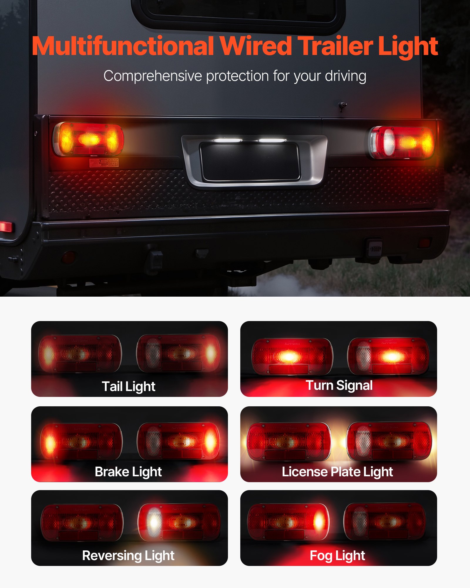 VEVOR Trailerverlichting Trailerverlichting met 6 standen (remlicht/richtingaanwijzer/achterlicht/kentekenplaatverlichting/achteruitrijlicht/mistlamp), Trailerverlichtingsset met kabelboom voor vrachtwagens