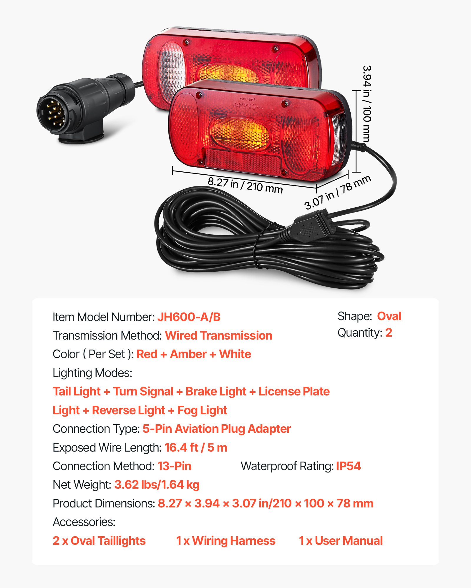 VEVOR Trailerverlichting Trailerverlichting met 6 standen (remlicht/richtingaanwijzer/achterlicht/kentekenplaatverlichting/achteruitrijlicht/mistlamp), Trailerverlichtingsset met kabelboom voor vrachtwagens