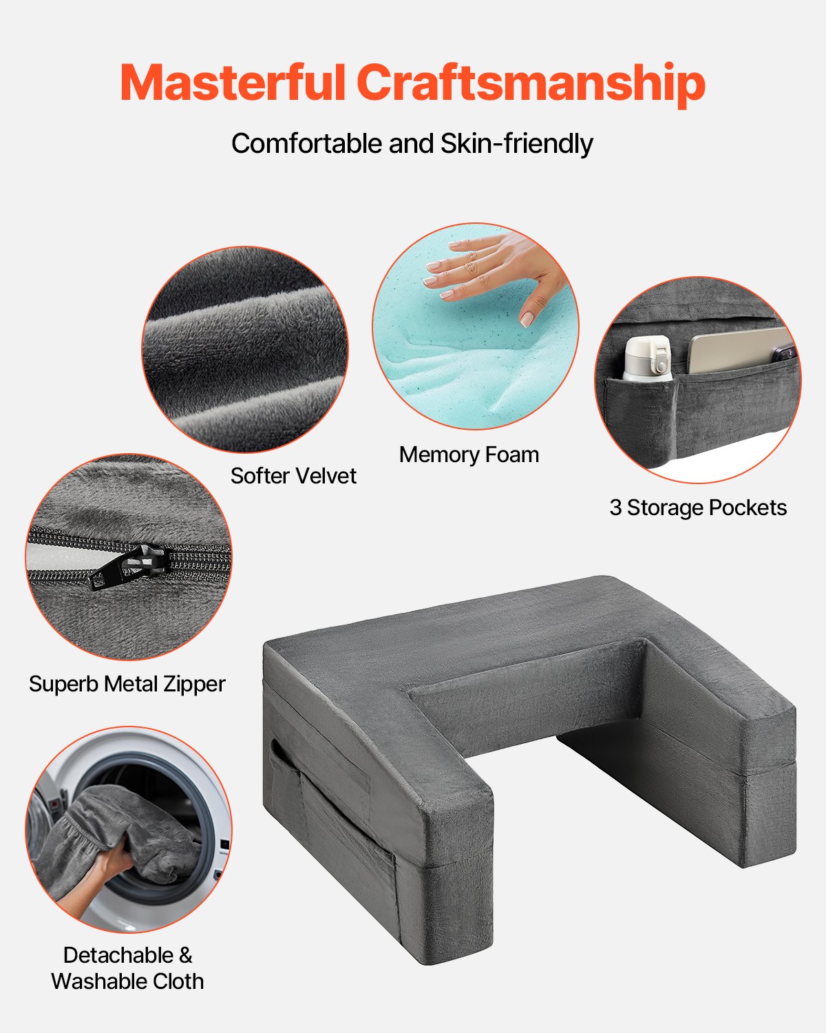 VEVOR Reading Pillow, Lap Desk Pillow with Washable Cloth, Large Bed Pillow with 2 Pockets and Cup Holder, Memory Foam Bed Rest for Reading, Gaming, Resting, Working, Grey