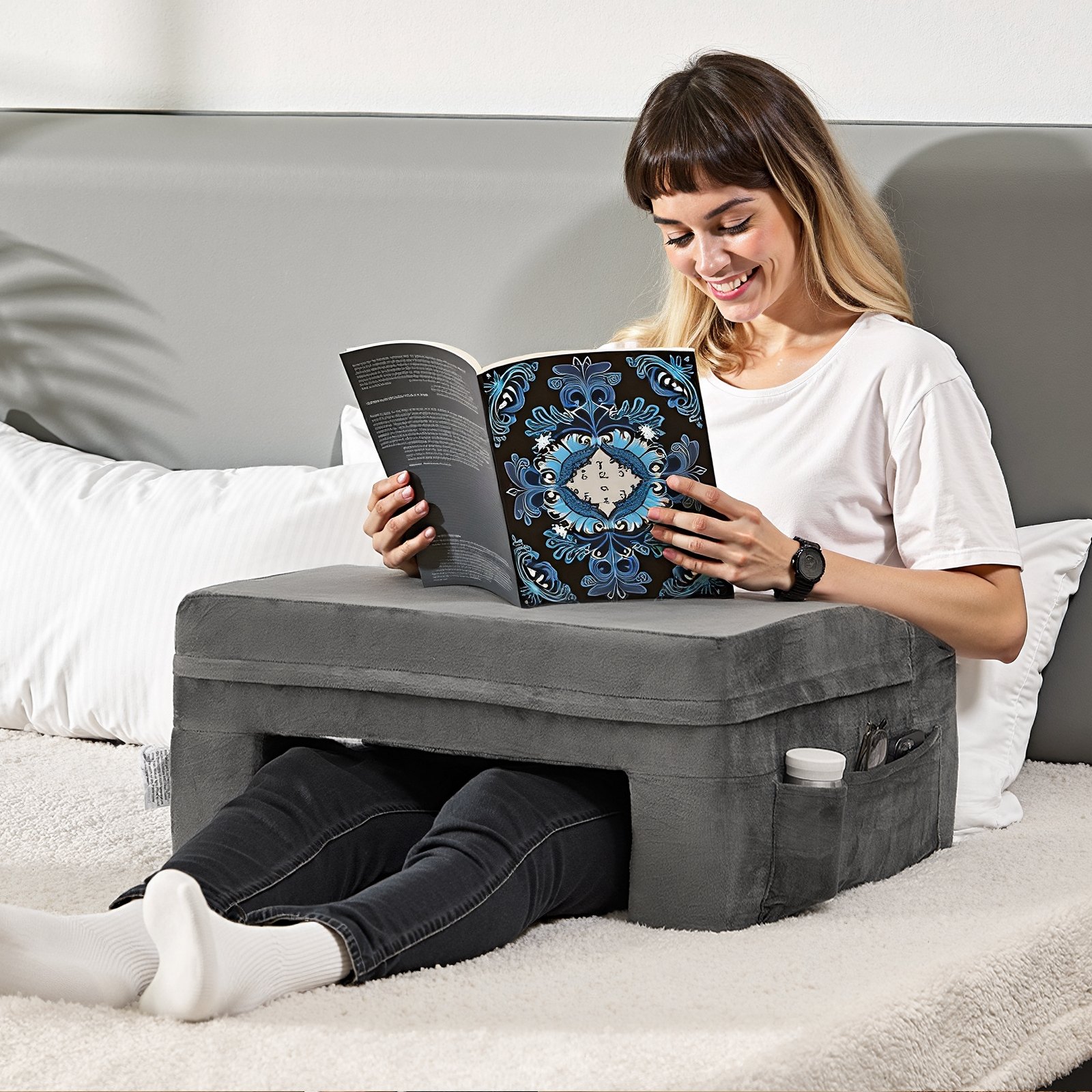 VEVOR Reading Pillow, Lap Desk Pillow with Washable Cloth, Large Bed Pillow with 2 Pockets and Cup Holder, Memory Foam Bed Rest for Reading, Gaming, Resting, Working, Grey