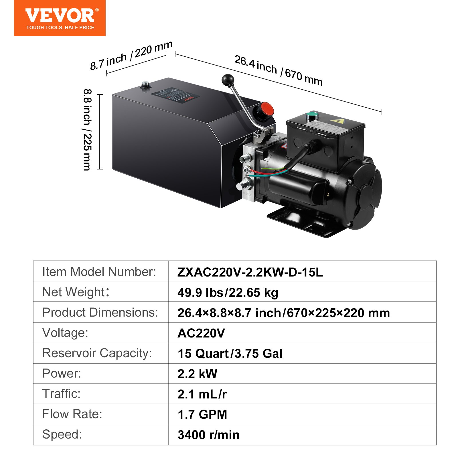 VEVOR Hydraulische pomp Hydraulisch aggregaat 220V Hydraulisch aggregaat 2200W, Enkelwerkende hydraulische pomp Hydraulisch aggregaat, 3,75 gal tank Handpomp Hydraulisch aggregaat, voor liften, heftrucks etc.