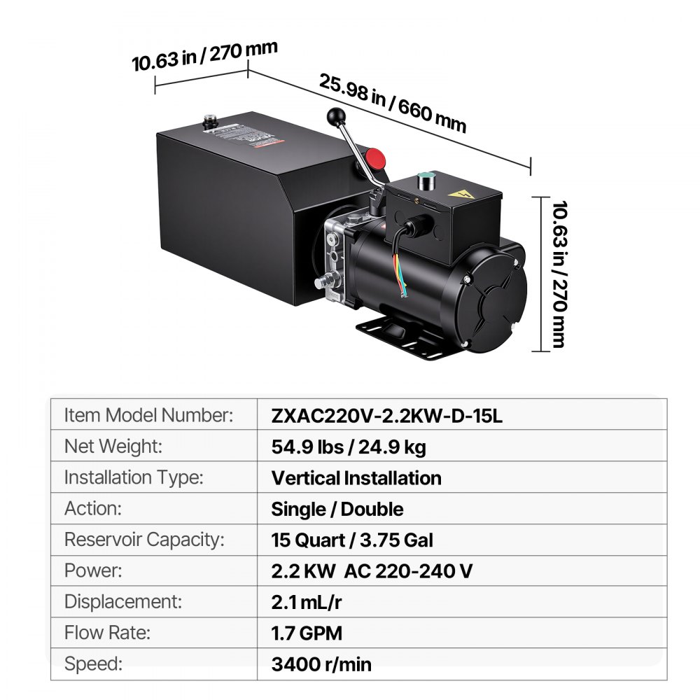 VEVOR elektrische hydraulische pomp voor kipperaanhangers 220-240 V AC 2,2 kW 15 L enkelwerkend, maximale reactiedruk 22 MPa, debiet 6,3 l/min, hydraulische unit voor autoliften (verticale montage)