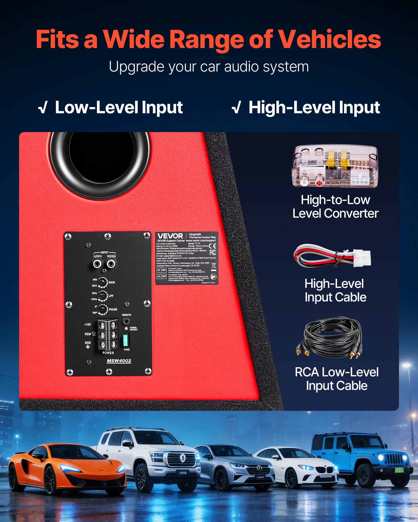 VEVOR auto-subwooferset met 305 mm behuizing, complete subwoofer- en versterkerset 245 W RMS, met geïntegreerde versterker en aansluitset, compact voor auto-audiosystemen.