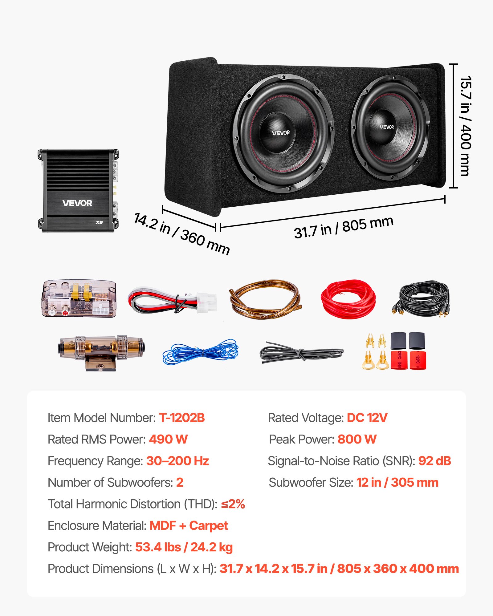 VEVOR autosubwooferset met voorgemonteerde behuizing van 305 mm, dubbele subwoofer en versterkerpakket van 490 W RMS, inclusief aparte versterker en bekabelingsset, krachtig autoaudiosysteem voor auto's en SUV's.