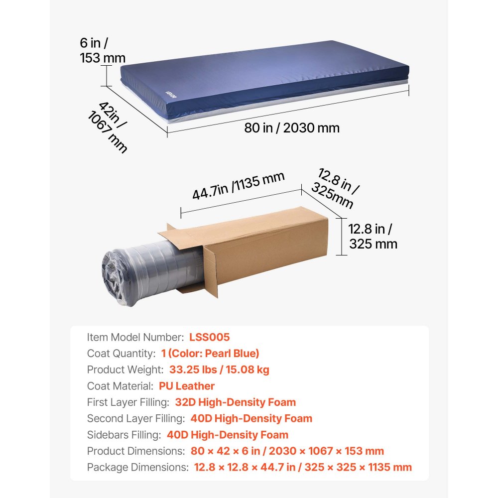 VEVOR Hospital Bed Mattress, 650 lbs Load, Long Term Care Pressure Redistribution Medical-Grade Dual Layer Foam Mattress, Waterproof for Bedsore Treatment Nursing Homes and Home Care, 42 x 80 x 6 in