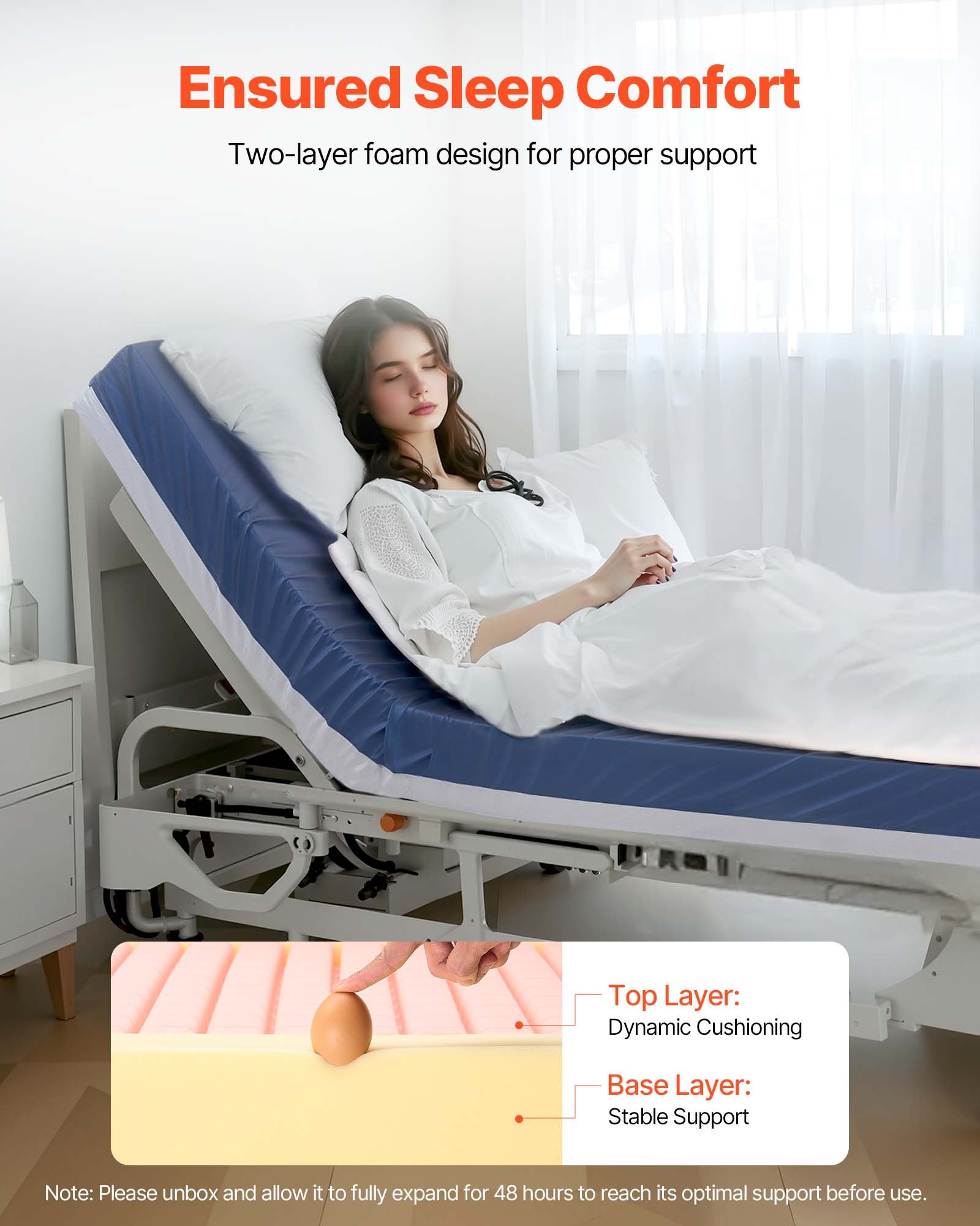 VEVOR Hospital Bed Mattress, 650 lbs Load, Long Term Care Pressure Redistribution Medical-Grade Dual Layer Foam Mattress, Waterproof for Bedsore Treatment Nursing Homes and Home Care, 42 x 80 x 6 in