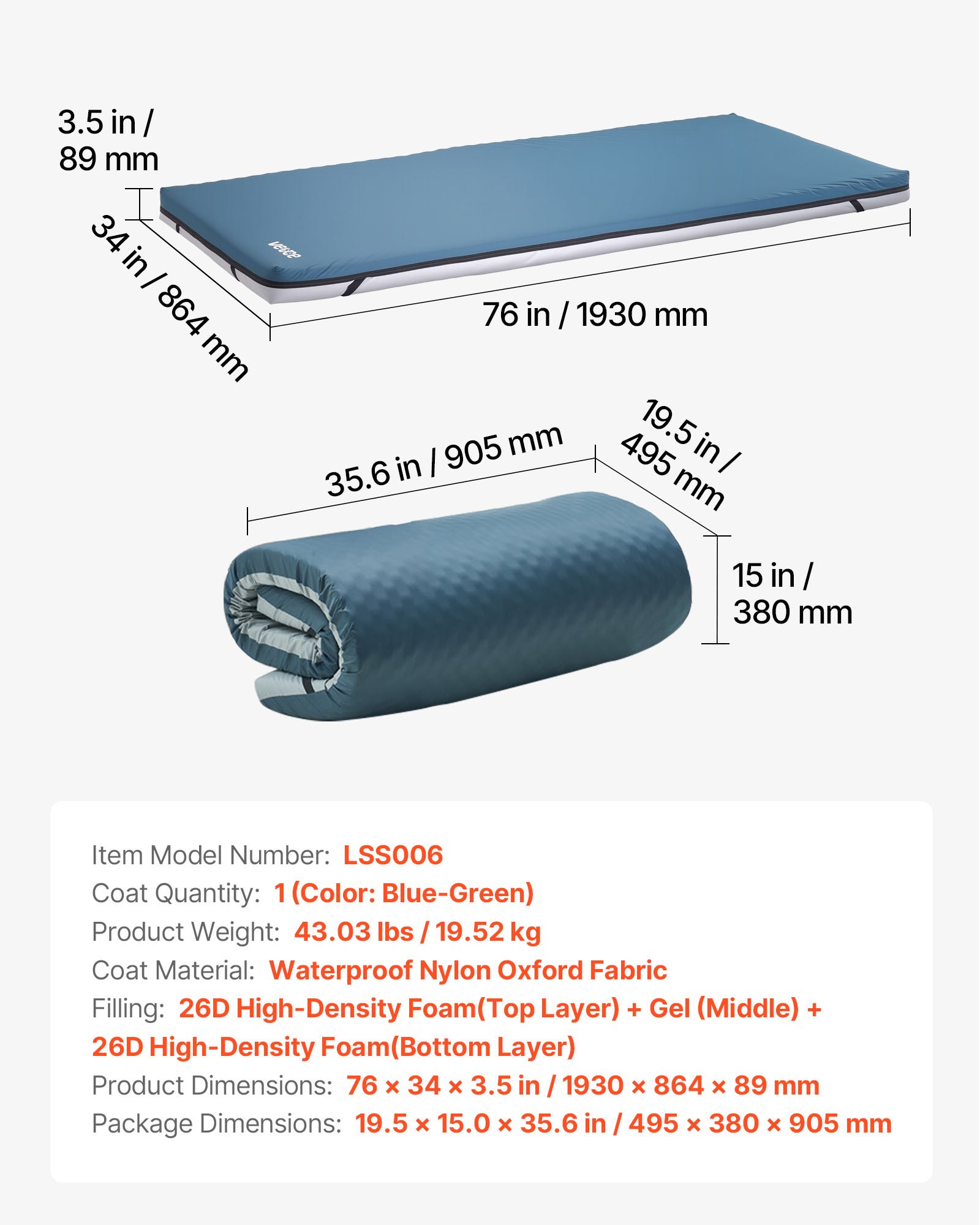 VEVOR Hospital Bed Mattress, 300 lbs Load, Long Term Care Pressure Redistribution Medical-Grade Dual Layer Foam Mattress, Waterproof for Bedsore Treatment Nursing Homes and Home Care, 34 x 76 x 3.5 in
