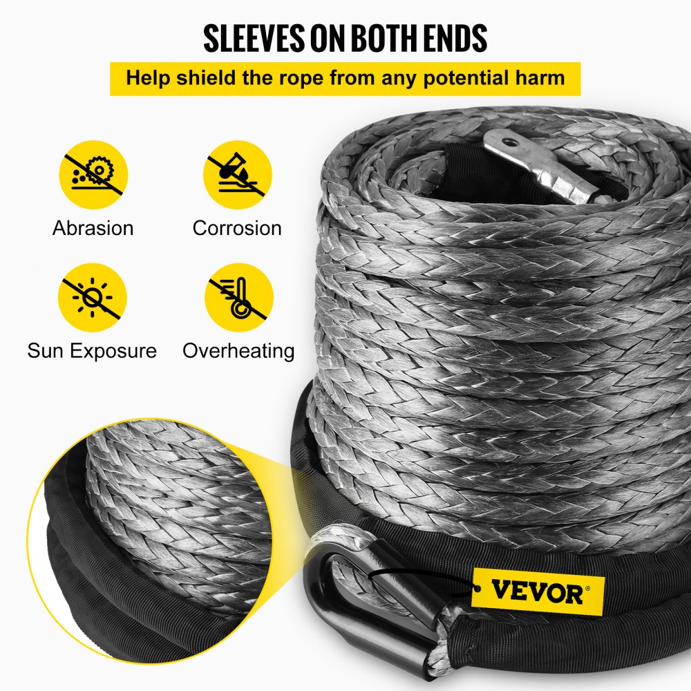 VEVOR  Winch Rope, 3/8" x 95' Synthetic Winch Rope, 20500lbs Stainless Steel Protective Sleeve, Protective Thimble Sleeve for SUV ATV UTV Truck Jeep