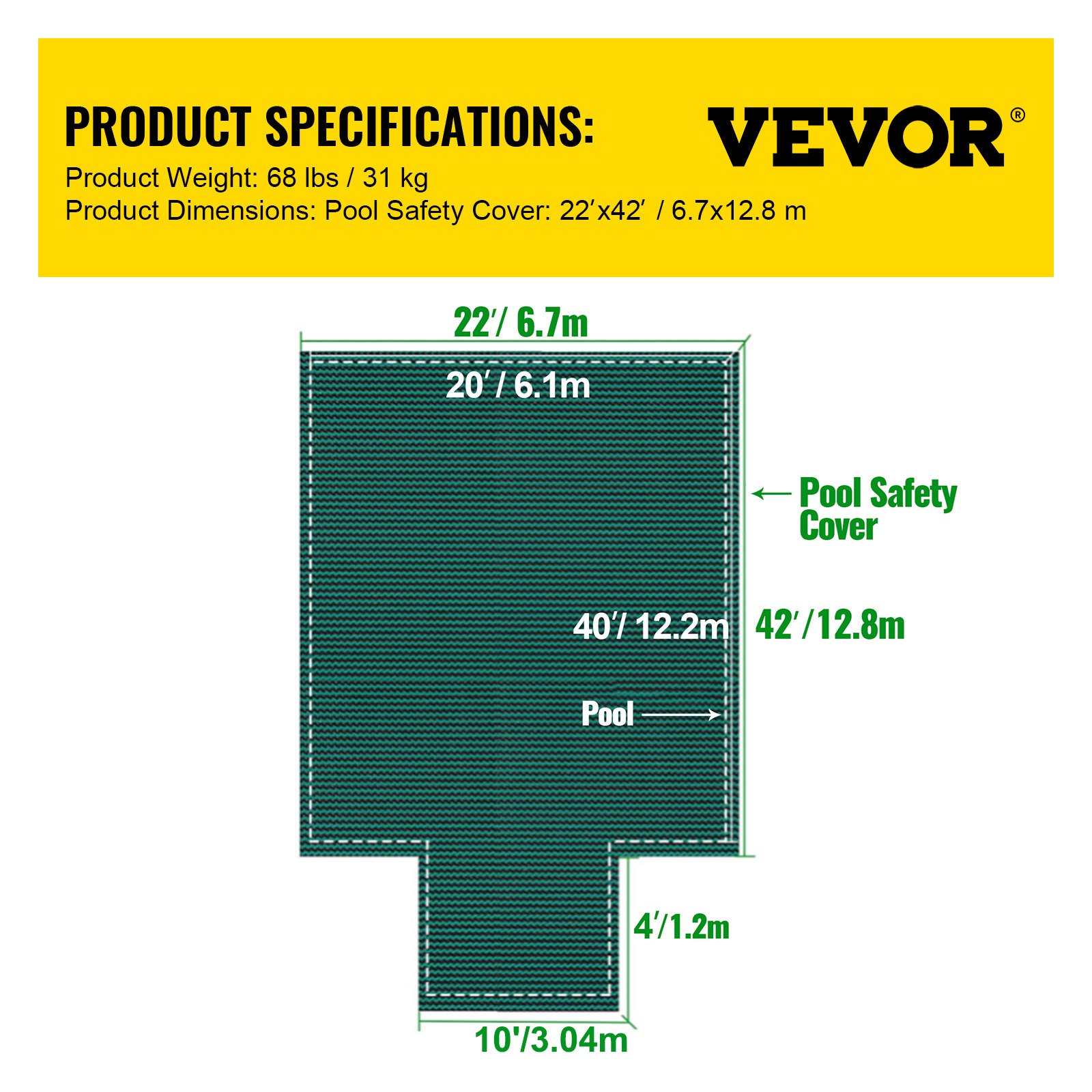 VEVOR Pool Safety Cover Fits 20x40ft Rectangle Inground Pools, Safety Pool Cover with 4x10ft Center End Step, Mesh Solid Pool Cover with Drainage Holes for Swimming Pool, Winter Safety Cover, Green