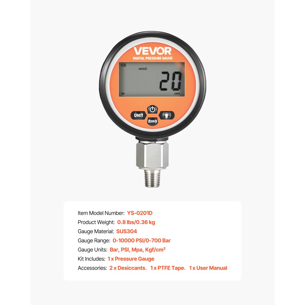 VEVOR Digitale hydraulische drukmeter, 0-700 bar hydraulische druksensor, manometertester met 1/4 inch NPT-basisingang voor graafmachines, hydraulische testmeter in roestvrijstalen behuizing