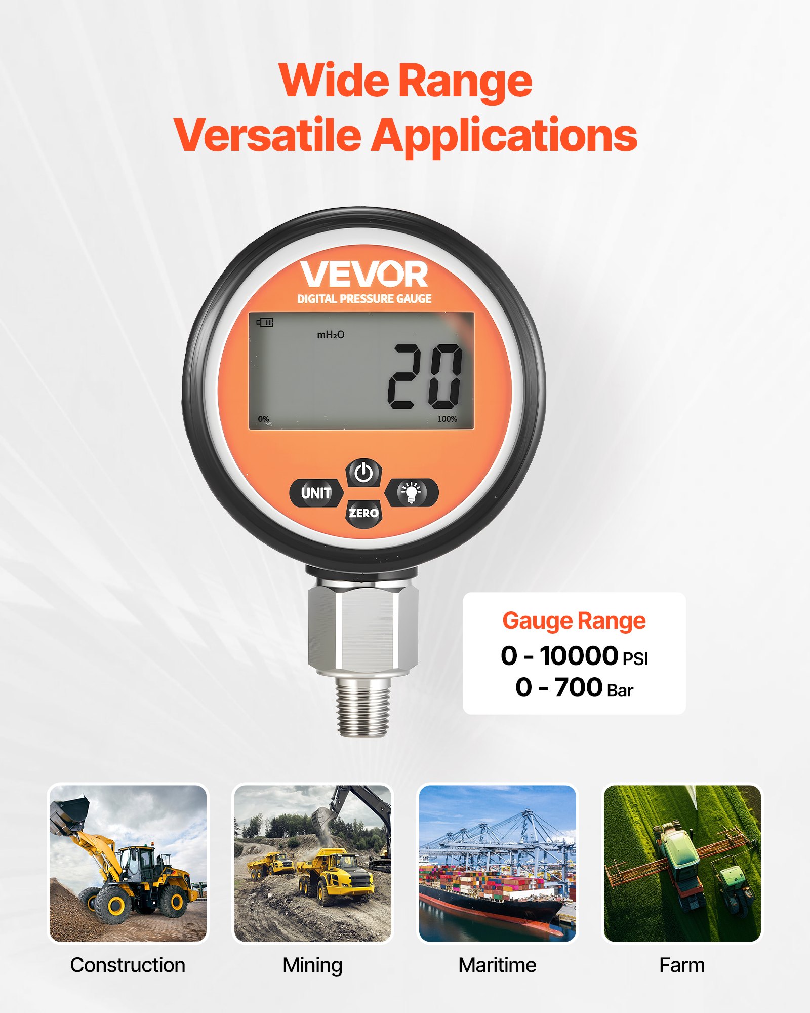 VEVOR Digitale hydraulische drukmeter, 0-700 bar hydraulische druksensor, manometertester met 1/4 inch NPT-basisingang voor graafmachines, hydraulische testmeter in roestvrijstalen behuizing