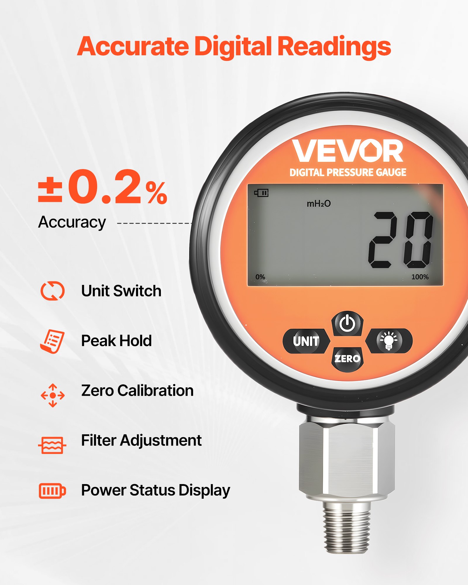 VEVOR Digitale hydraulische drukmeter, 0-700 bar hydraulische druksensor, manometertester met 1/4 inch NPT-basisingang voor graafmachines, hydraulische testmeter in roestvrijstalen behuizing