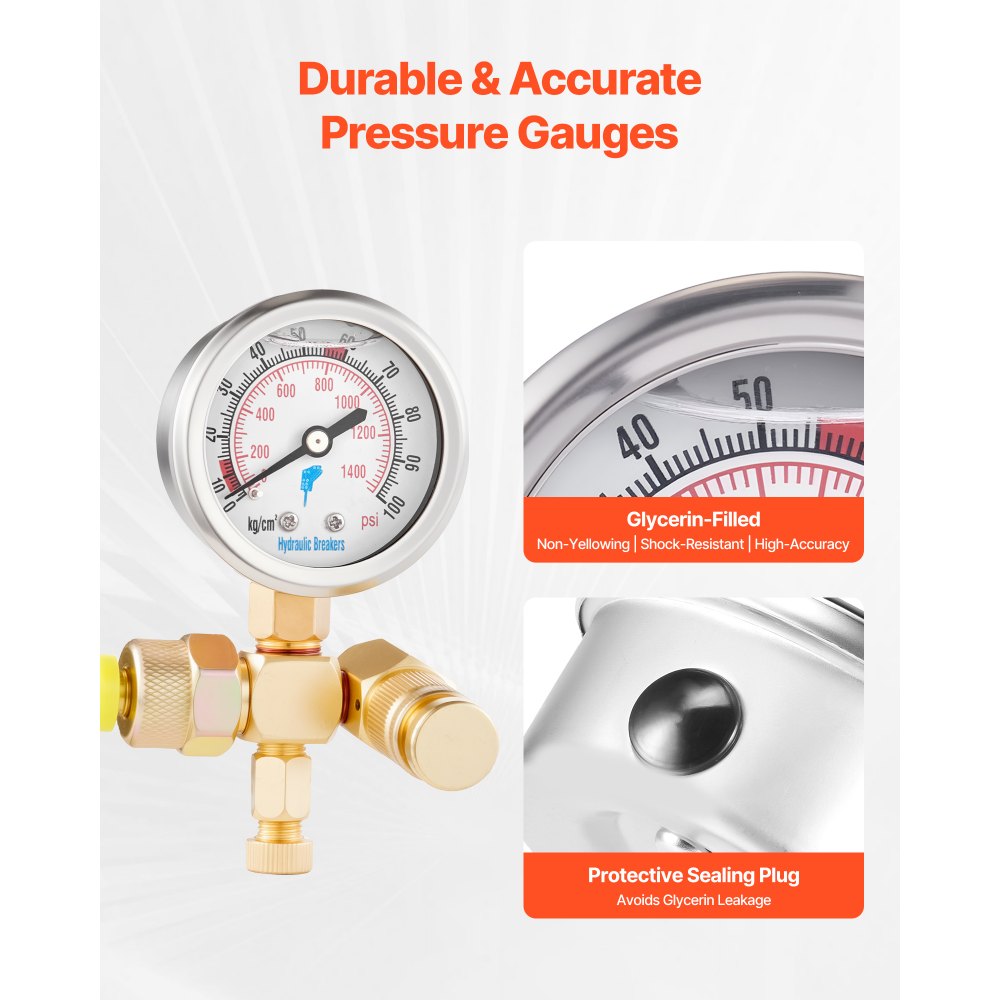 VEVOR hydraulische stikstofopslagkit, 0-1420 PSI stikstofvulkit, druktestsysteem met 1 manometer, 1 gasslang, 1 klephuis en 1 CGA580-adapter voor bouwmachines