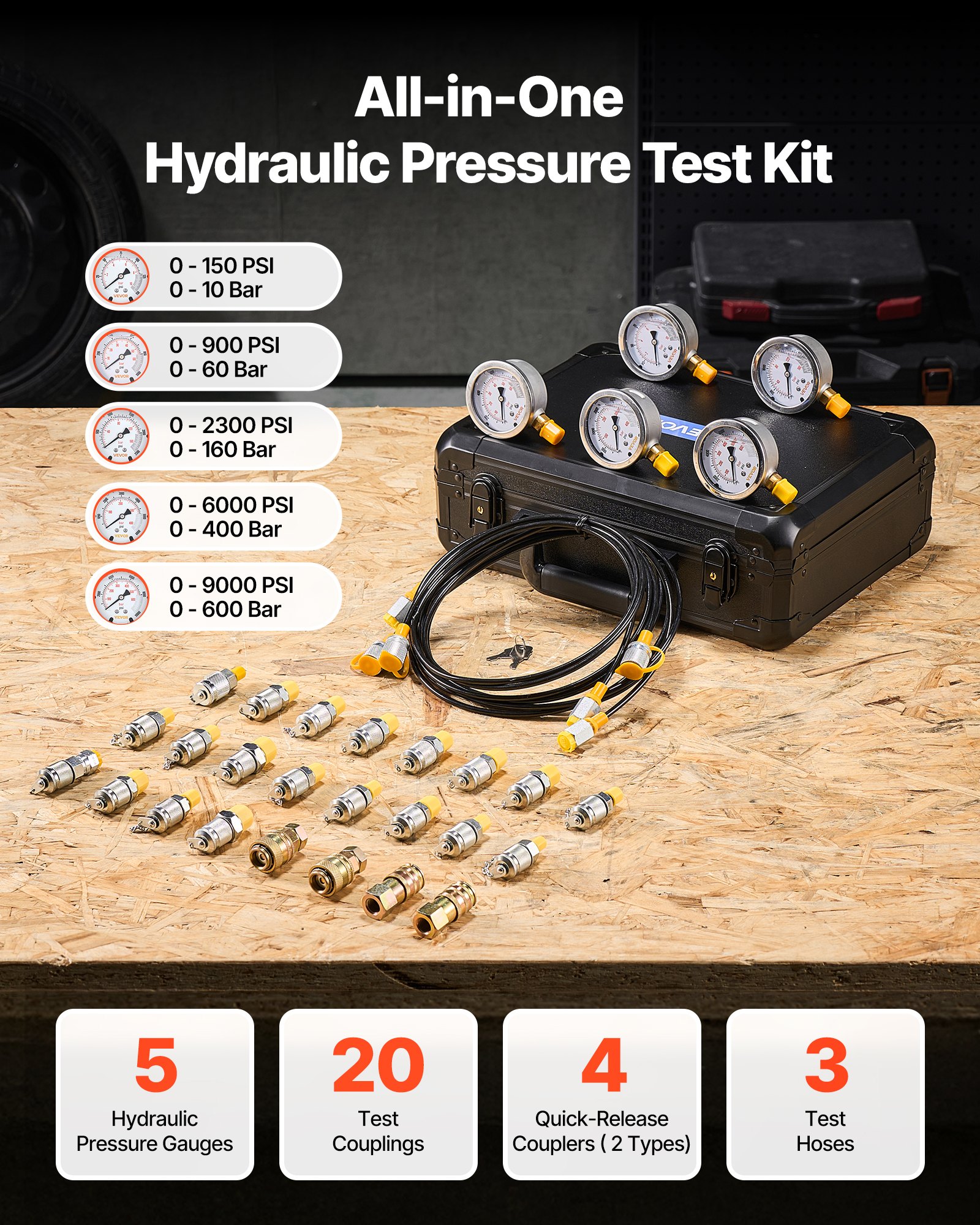 VEVOR Hydraulic Pressure Test Kit, 150/900/2300/6000/9000 PSI (10/60/160/400/600 Bar), Hydraulic Gauge Kit 5 Gauges 20 Couplings 4 Quick-Release Couplers 3 Hoses for Excavator Construction Machinery