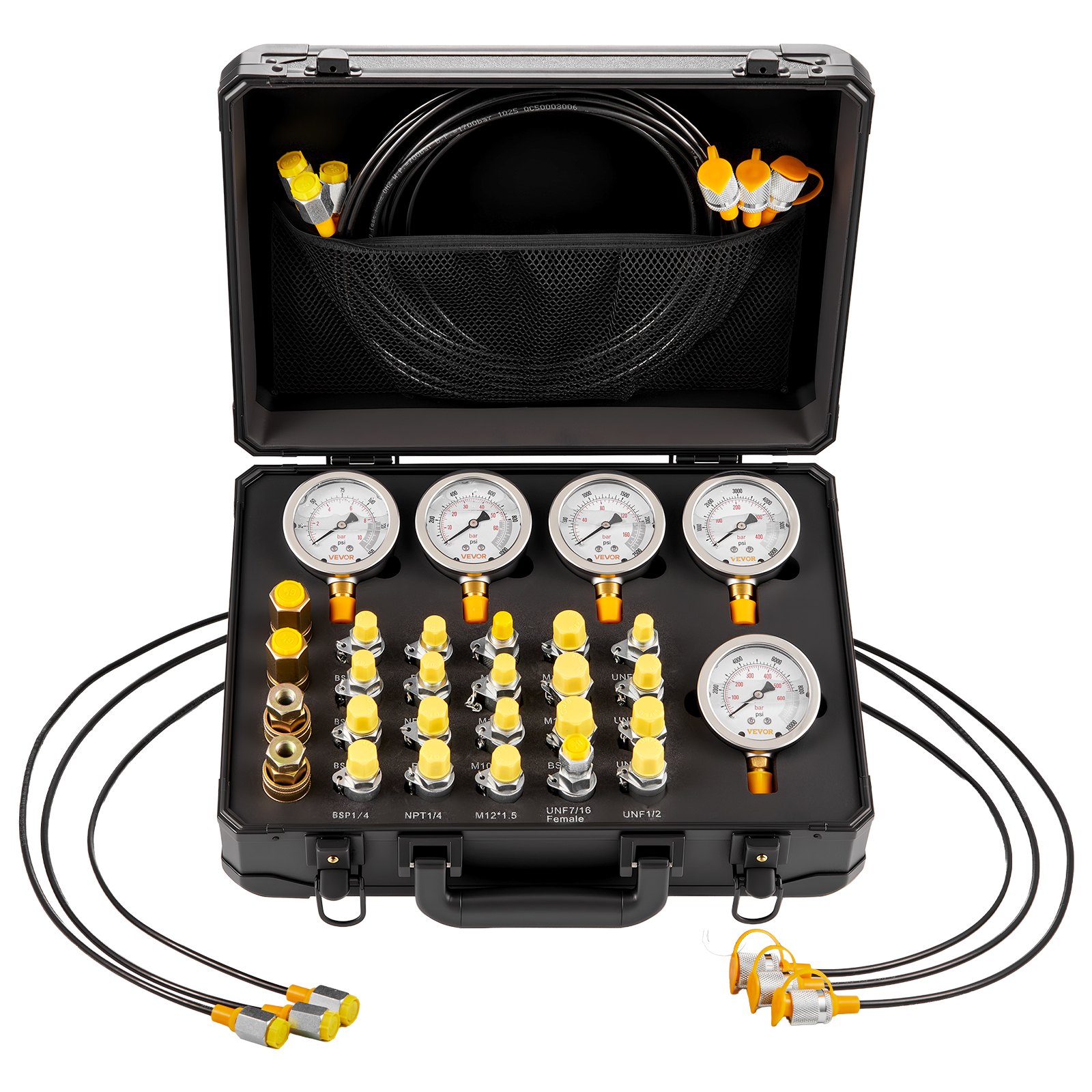 VEVOR hydraulische druktestset, 10 / 60 / 160 / 400 / 600 bar, hydraulische meetapparatuurset incl. 5 manometers, 20 koppelingen, 4 snelkoppelingen, 3 slangen voor graafmachines en bouwmachines.