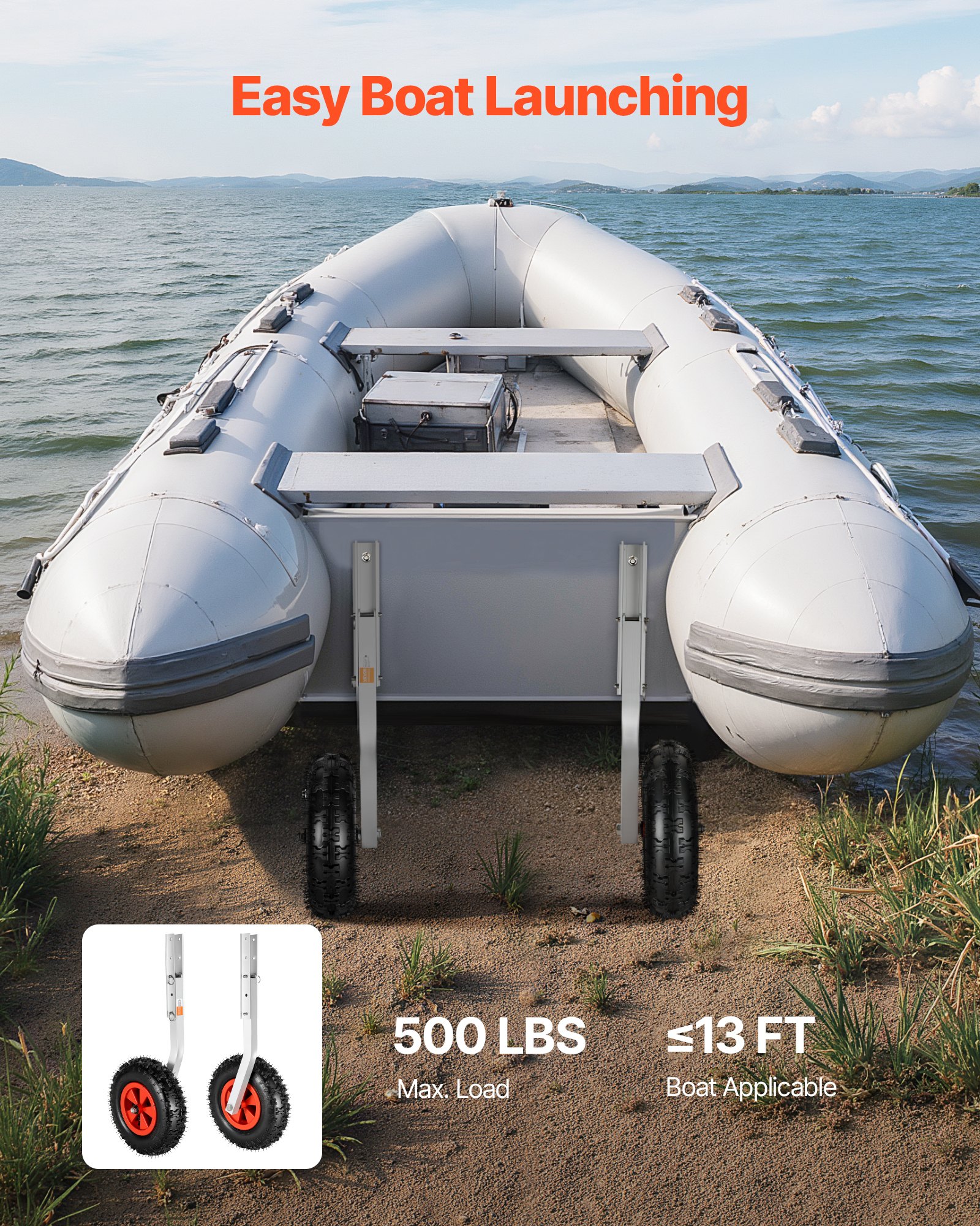 VEVOR bootlanceerwielen (draagvermogen 226,8 kg) 304,8 mm aluminiumlegering spiegelwiel met opblaasbare rubberbanden, inklapbare lanceerwielen met 4 snelkoppelingen voor opblaasbare visboten van 4 meter