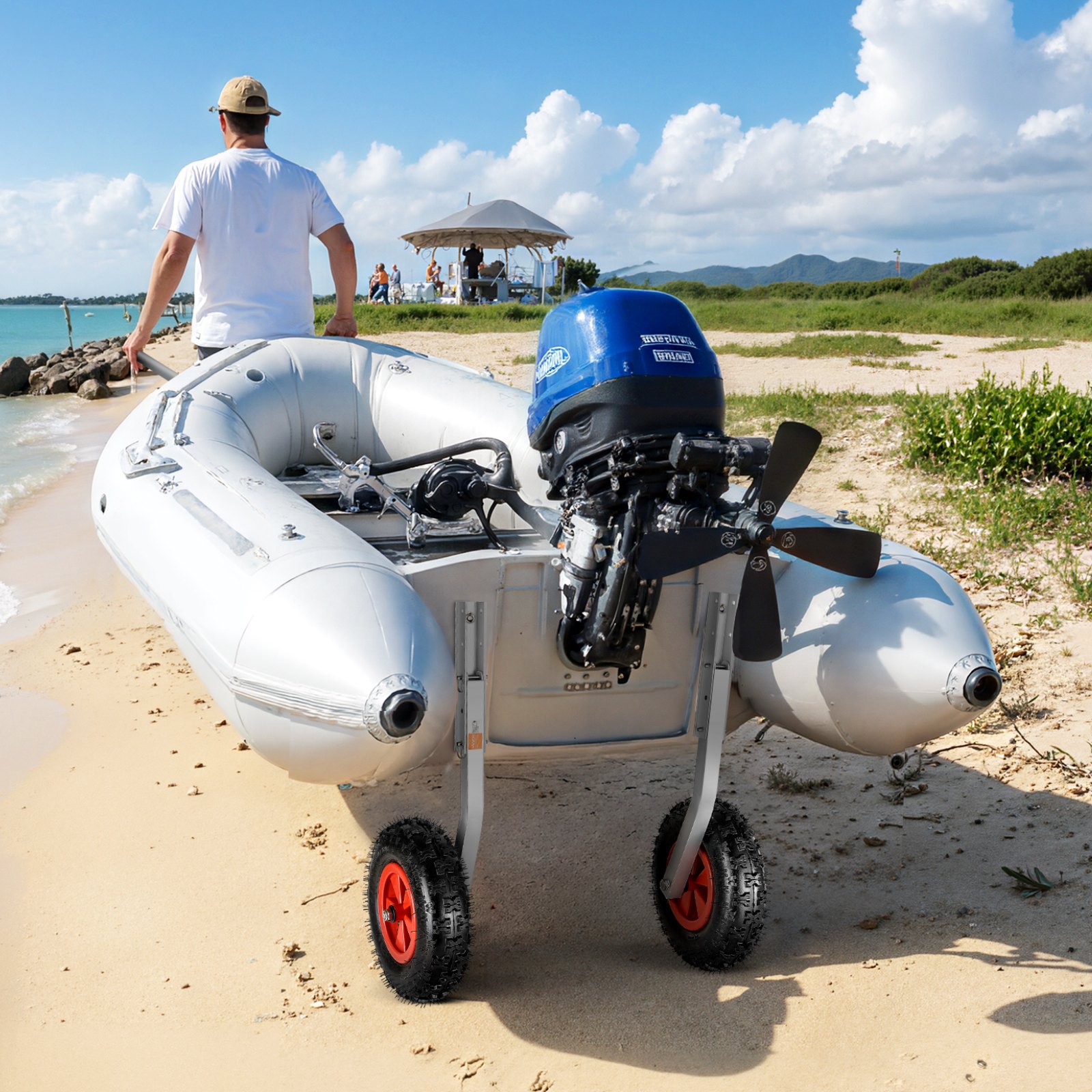 VEVOR bootlanceerwielen (draagvermogen 226,8 kg) 304,8 mm aluminiumlegering spiegelwiel met opblaasbare rubberbanden, inklapbare lanceerwielen met 4 snelkoppelingen voor opblaasbare visboten van 4 meter