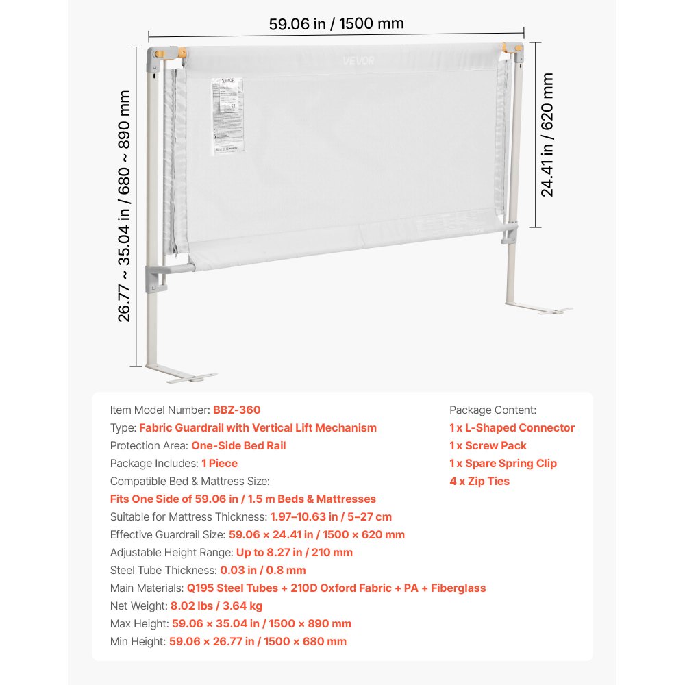 VEVOR Bedhek, bedhek met versterkte ijzeren buis en Oxford-stof, in hoogte verstelbaar kinderbedhek, kinderbedhek, valbeveiliging voor kinderbed, stapelbed, 150 x 68-89 cm