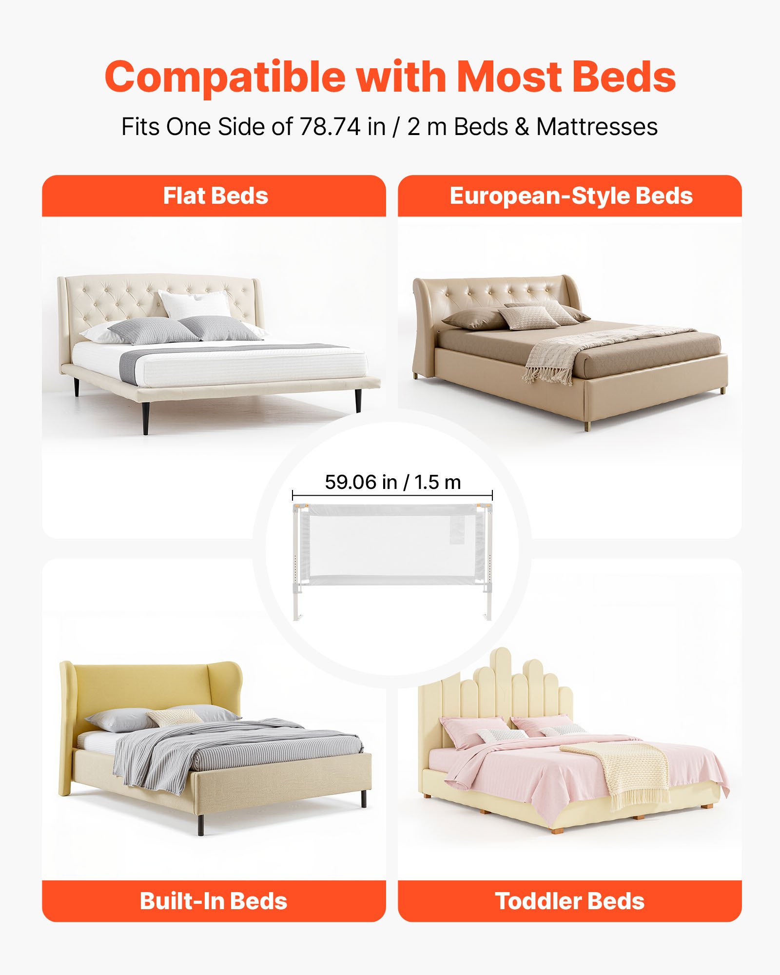 VEVOR Bedhek, bedhek met versterkte ijzeren buis en Oxford-stof, in hoogte verstelbaar kinderbedhek, kinderbedhek, valbeveiliging voor kinderbed, stapelbed, 150 x 68-89 cm