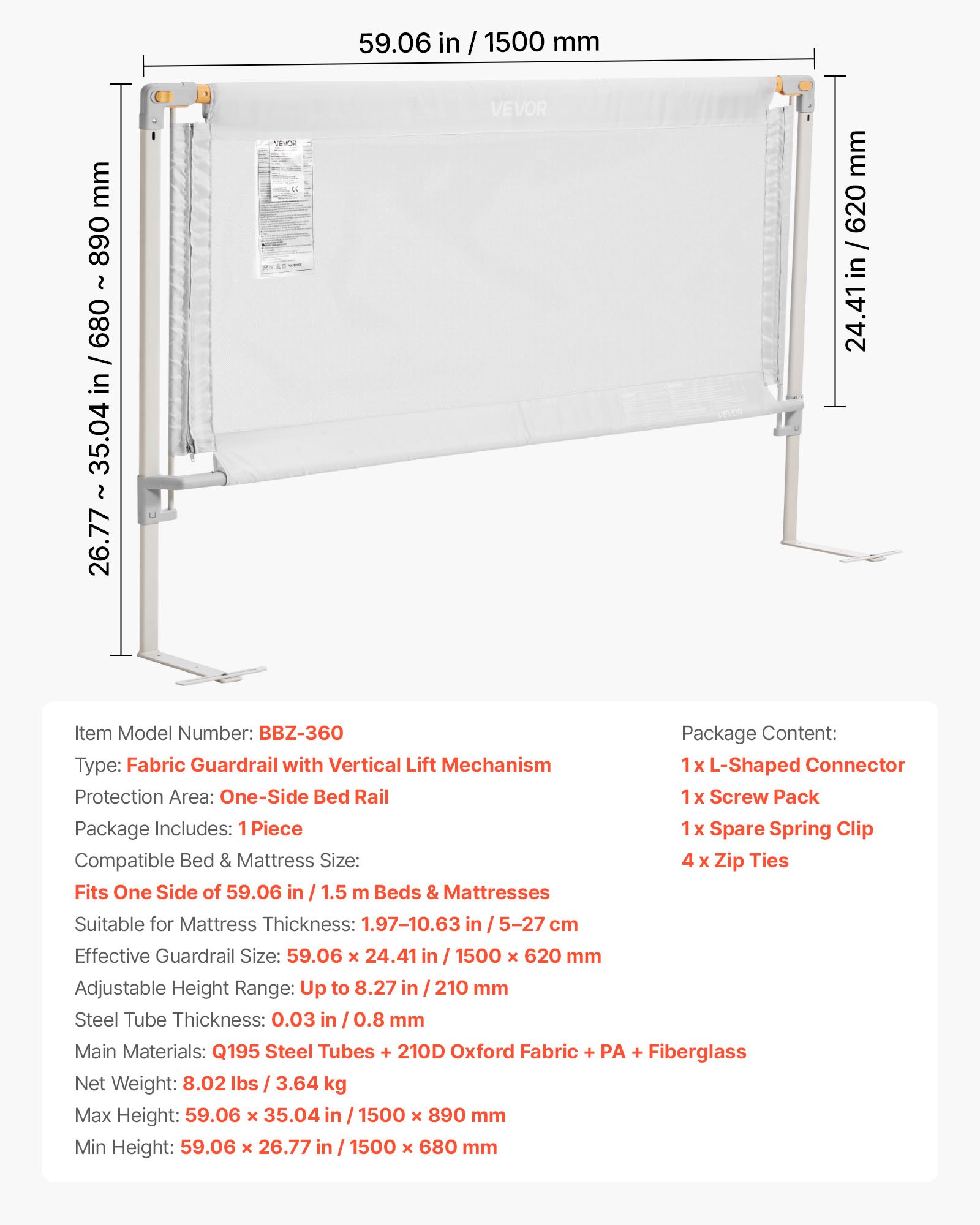 VEVOR Bedhek, bedhek met versterkte ijzeren buis en Oxford-stof, in hoogte verstelbaar kinderbedhek, kinderbedhek, valbeveiliging voor kinderbed, stapelbed, 150 x 68-89 cm