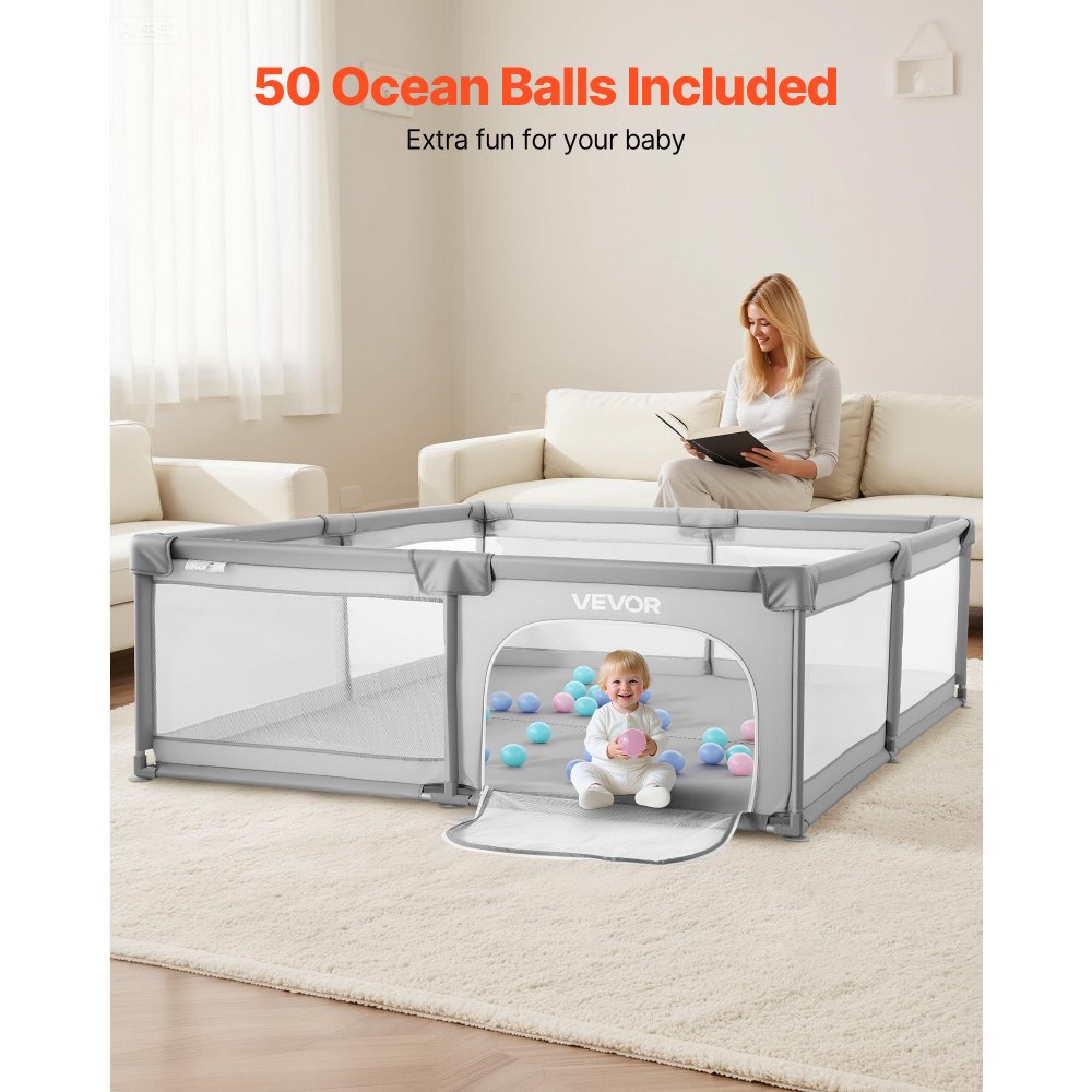 VEVOR Baby Playpen, 78.7″ x 70.3″ Extra Large Playpen for Babies Toddlers, Indoor/Outdoor Baby Fence Play Yard, No-Gap Safety Activity Center with 50 Ocean Balls, Zippered Door & Soft Breathable Mesh