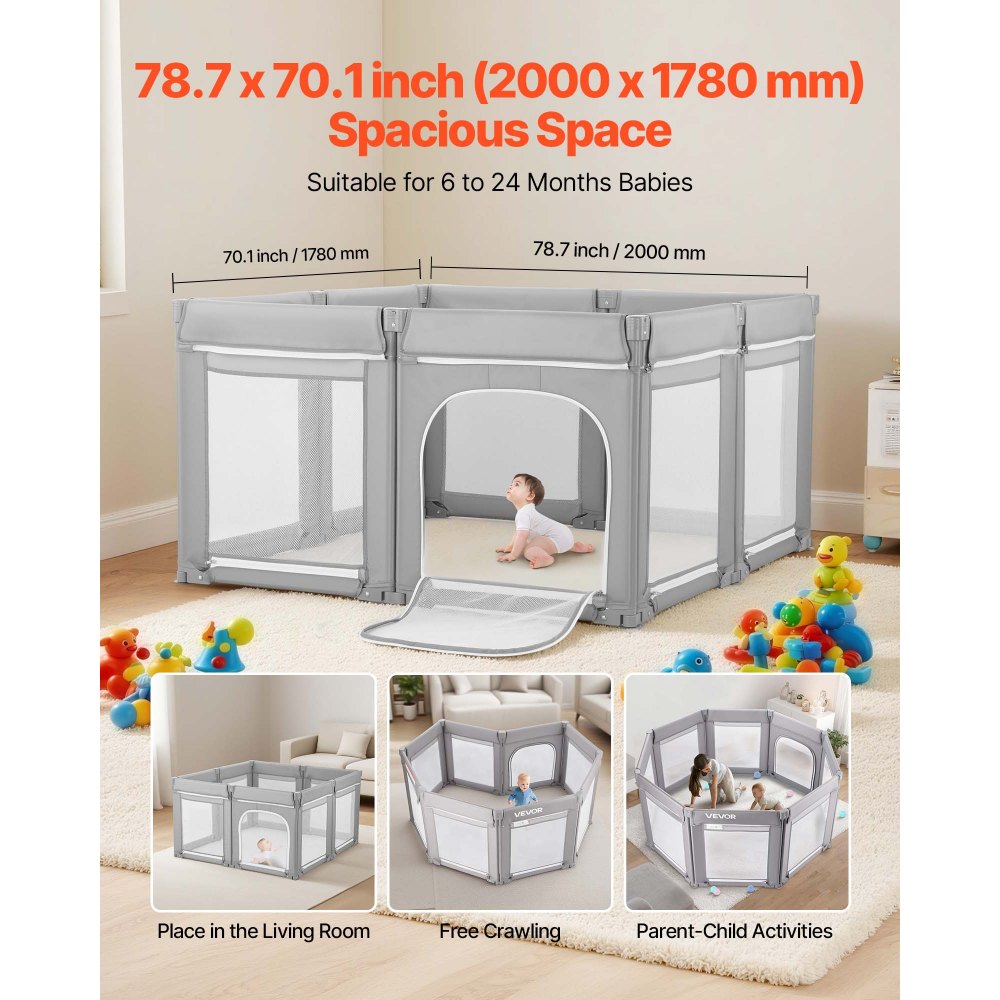 VEVOR Baby Playpen, 78.7″ x 70.1″ Extra Large Toddlers Playpen, Foldable Baby Fence Play Yard with Zippered Door & Soft Breathable Mesh, Indoor Outdoor Safety Activity Center - Great Gift for Toddlers