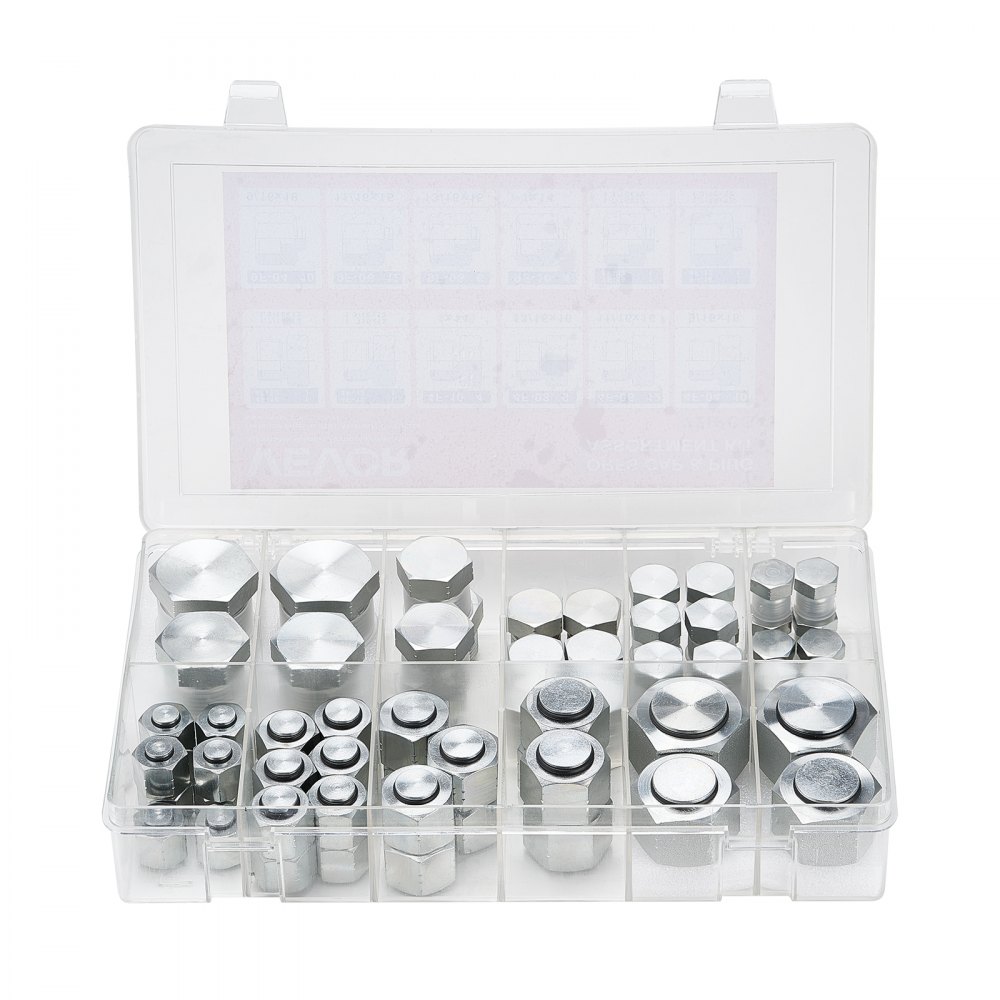 VEVOR 72 PCS ORFS Hydraulic Fittings, O Ring Face Seal Fitting Kit, Hydraulic Hose Tube and Pipe Fittings, Cap and Plug Set for Hydraulics, O Ring Assortment Kit Precision Thread, Sizes 4 6 8 10 12 16