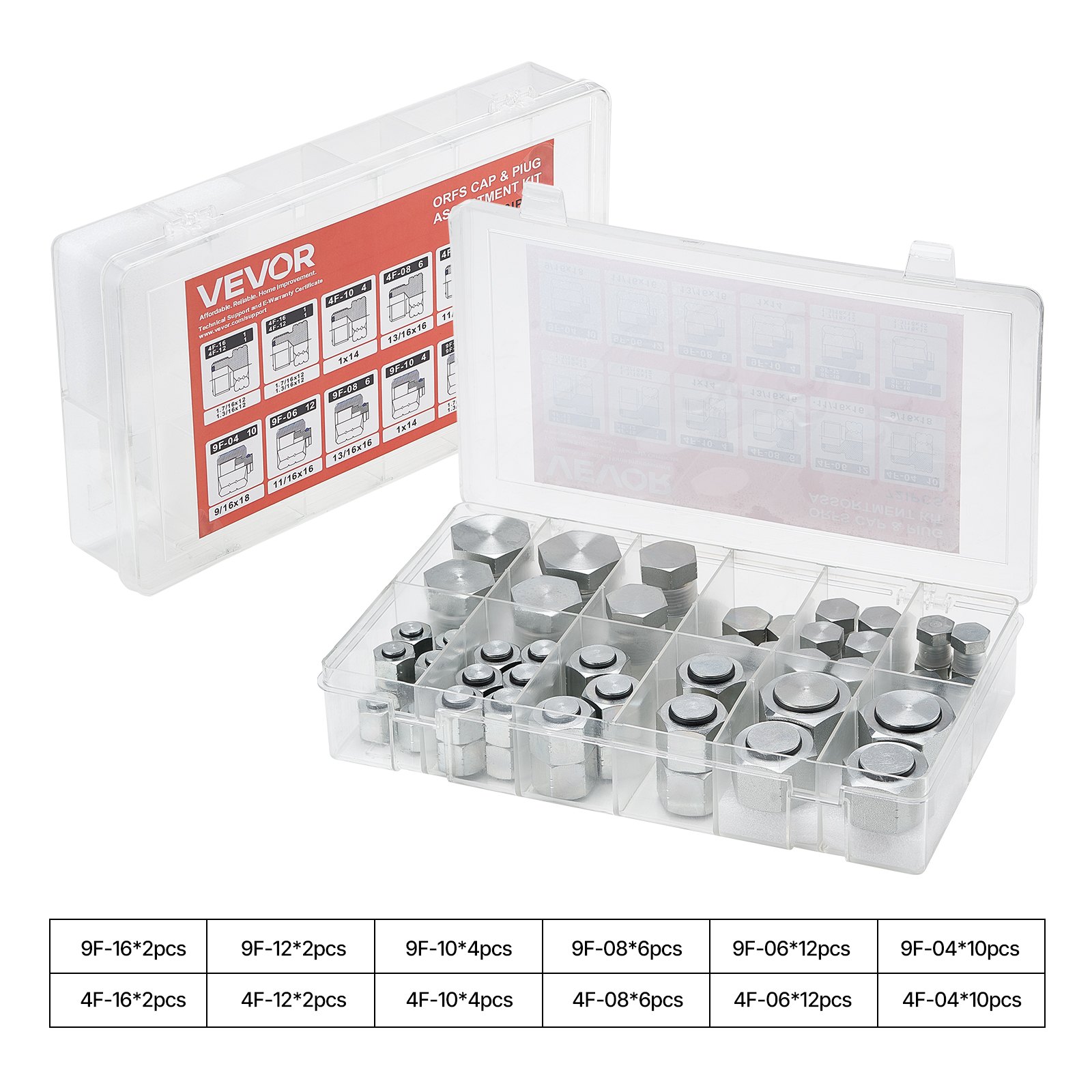 VEVOR 72 PCS ORFS Hydraulic Fittings, O Ring Face Seal Fitting Kit, Hydraulic Hose Tube and Pipe Fittings, Cap and Plug Set for Hydraulics, O Ring Assortment Kit Precision Thread, Sizes 4 6 8 10 12 16