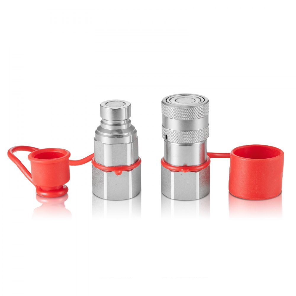 VEVOR hydraulic couplers with red protective caps, placed side by side on a white background.