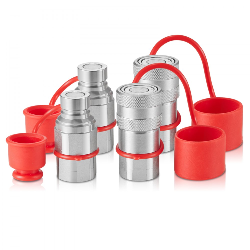 VEVOR hydraulic quick connect couplers with red dust caps, four silver connectors arranged in pairs.