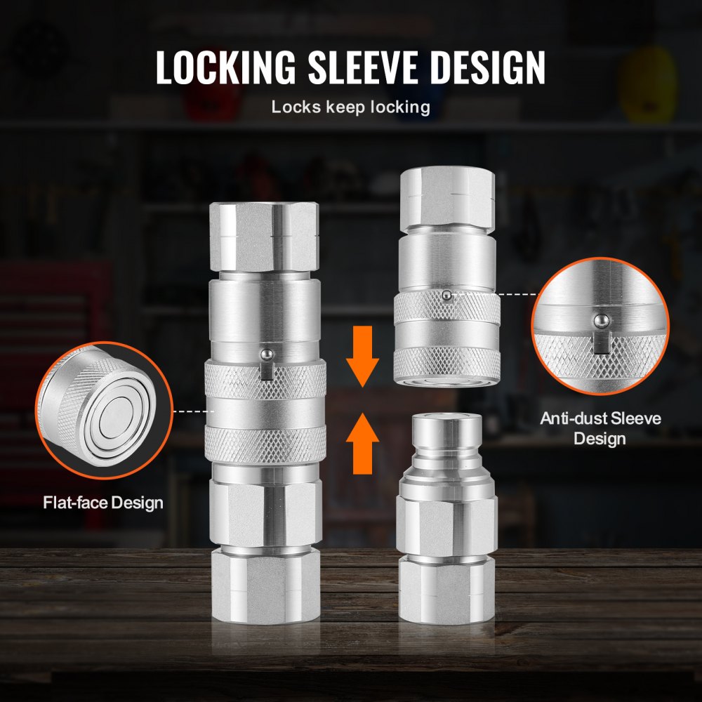 VEVOR 1/2-inch vlakke hydraulische koppelingen, 1/2-inch NPT hydraulische snelkoppelingen voor skid-steerladers met 4 stofkappen (ISO16028)