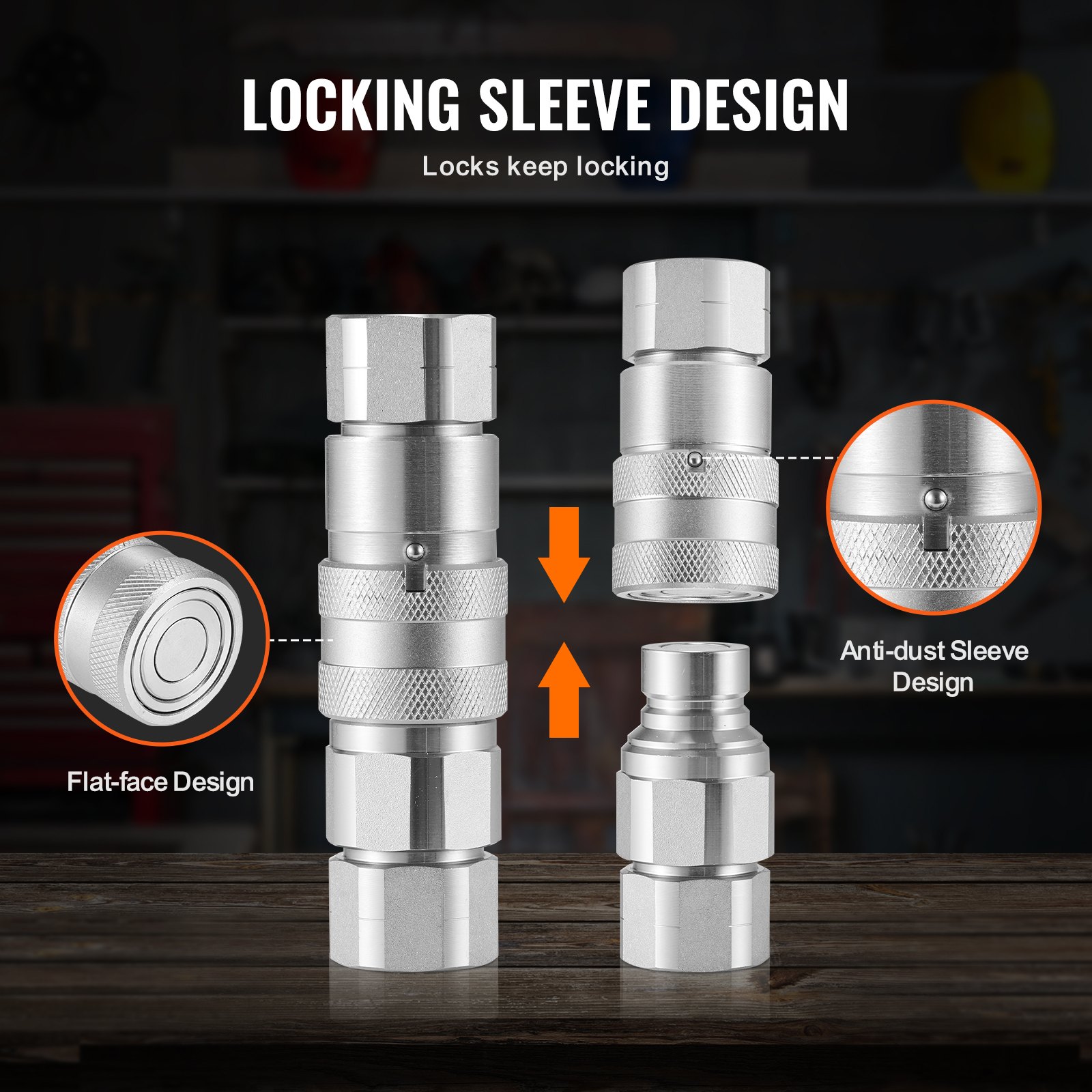 VEVOR 1/2-inch vlakke hydraulische koppelingen, 1/2-inch NPT hydraulische snelkoppelingen voor skid-steerladers met 4 stofkappen (ISO16028)