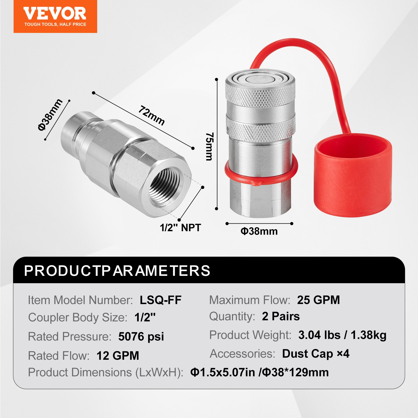VEVOR 1/2-inch vlakke hydraulische koppelingen, 1/2-inch NPT hydraulische snelkoppelingen voor skid-steerladers met 4 stofkappen (ISO16028)