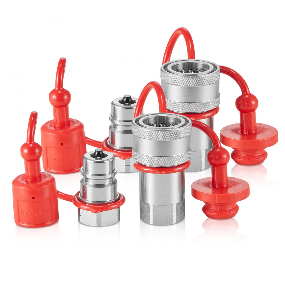 VEVOR hydraulic quick connect couplers with red protective caps and durable metal fittings.