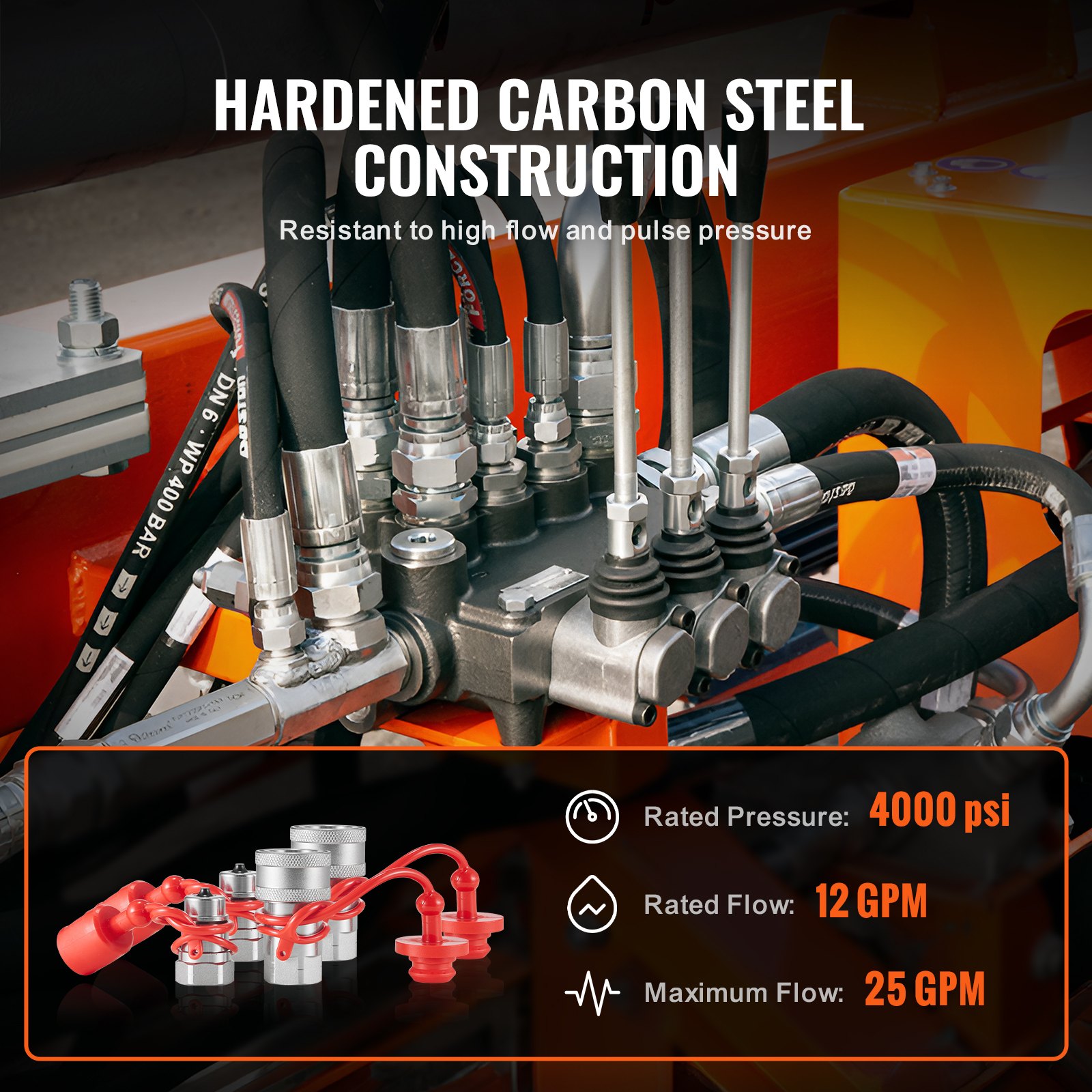 VEVOR 1/2" Tapered Hydraulic Couplers, 1/2" NPT Skid Steer Hydraulic Quick Connect Couplers with 4 Dust Caps (ISO5675)