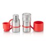 VEVOR hydraulic couplers with red dust caps, showcasing steel connectors for hydraulic systems.