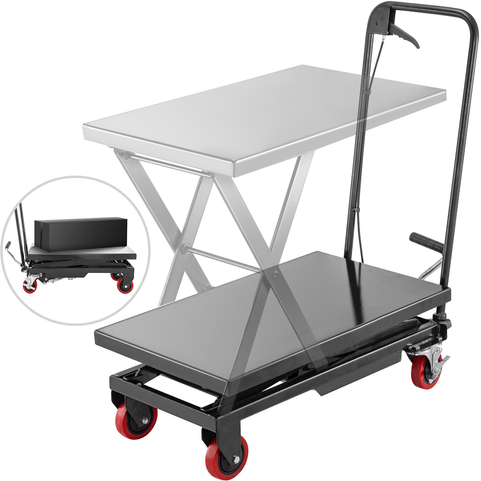 Hydraulic Scissor 500LBS Capacity, Cart Lift Table Cart 28.5-Inch Lifting Height, Manual Scissor Lift Table with 4 Wheels and Foot Pump, Elevating Hydraulic Cart for Material Handling in Black